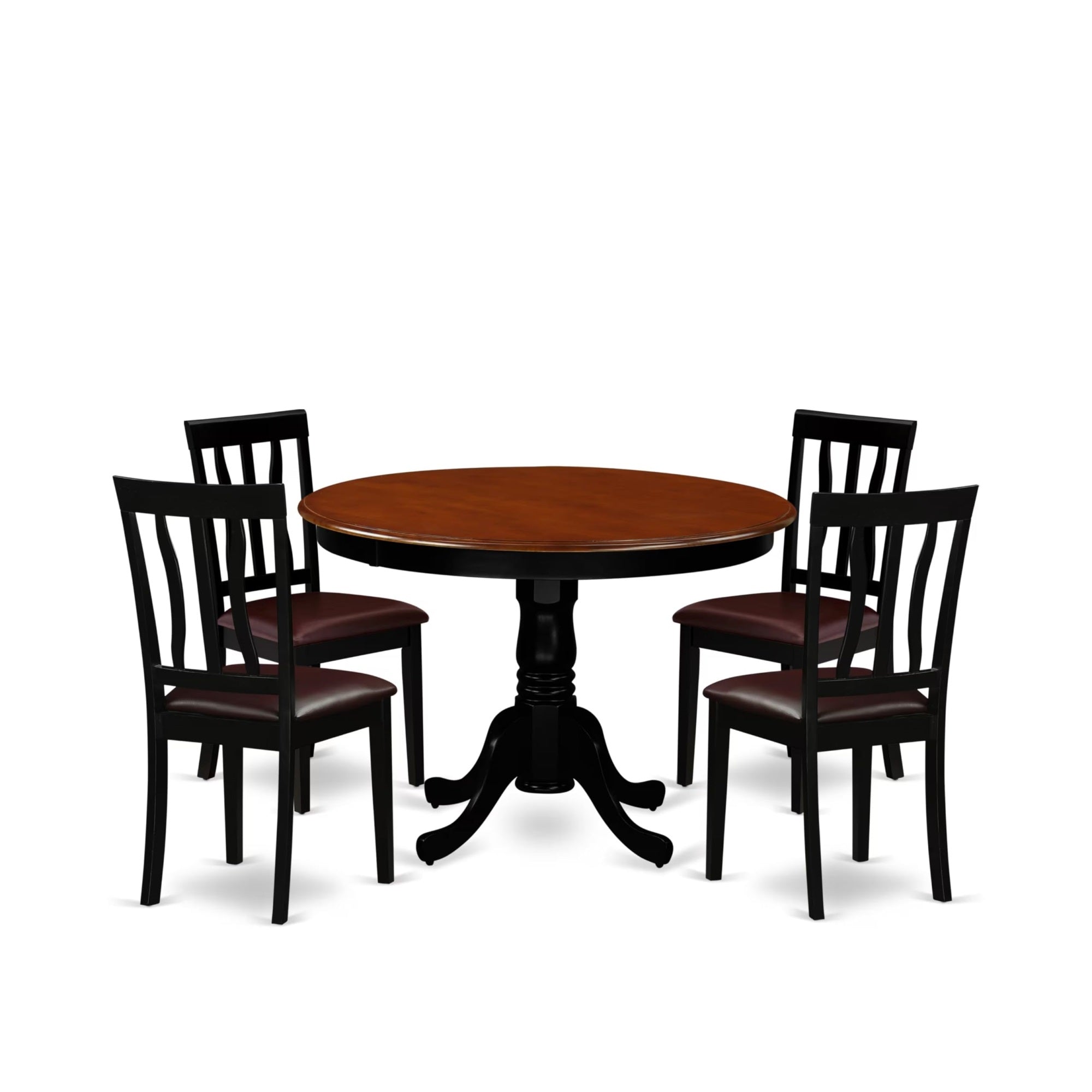 Casafoyer Hlan5-Bch-Lc 5 Piece Dining Set Includes A Round Dining Table With Pedestal And 4 Faux Leather Kitchen Room Chairs, 42X42 Inch, Black & Cherry