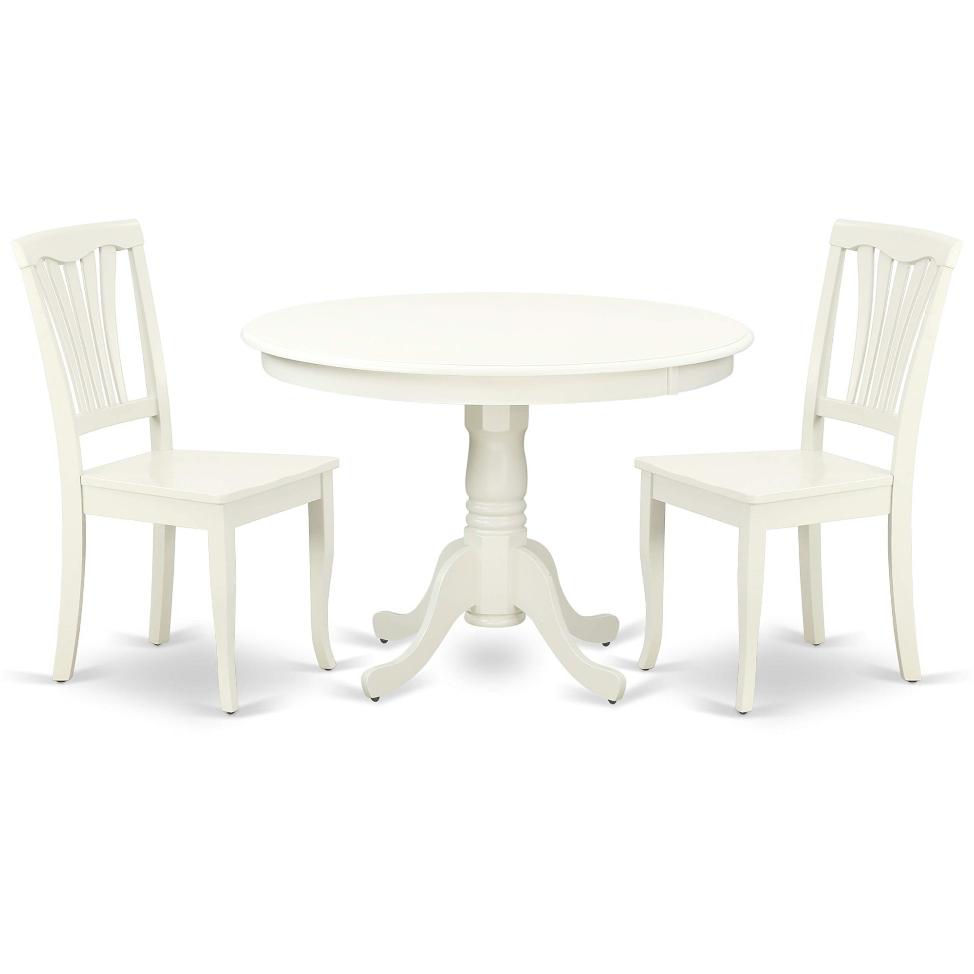 East West Furniture Hlav3-Lwh-W 3 Piece Kitchen Table Set For Small Spaces Contains A Round Dining Room Table With Pedestal And 2 Dining Chairs, 42X42 Inch, Linen White