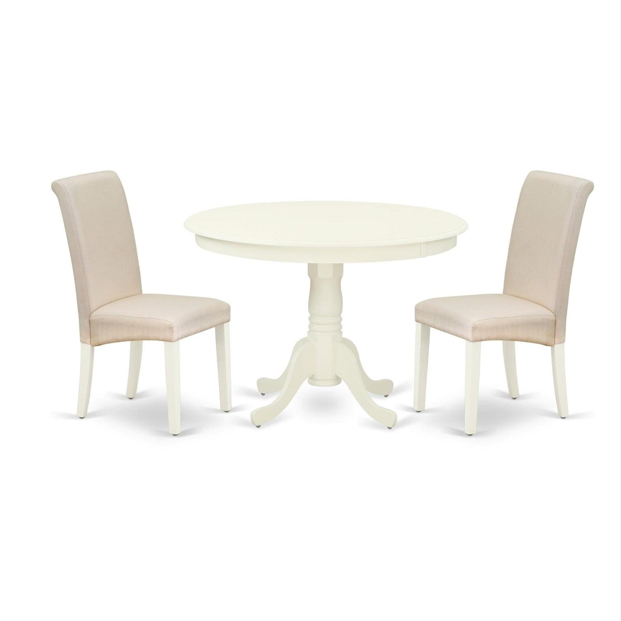 Casafoyer Hlba3-Lwh-01 3 Piece Dining Room Furniture Set Contains A Round Dining Table With Pedestal And 2 Cream Linen Fabric Parsons Chairs, 42X42 Inch, Linen White