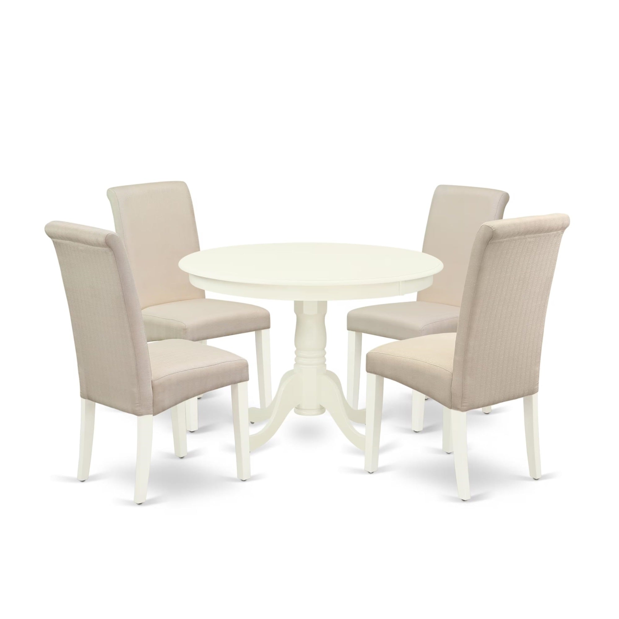 Casafoyer Hlba5-Lwh-01 5 Piece Dining Table Set For 4 Includes A Round Kitchen Table With Pedestal And 4 Cream Linen Fabric Parson Dining Room Chairs, 42X42 Inch, Linen White