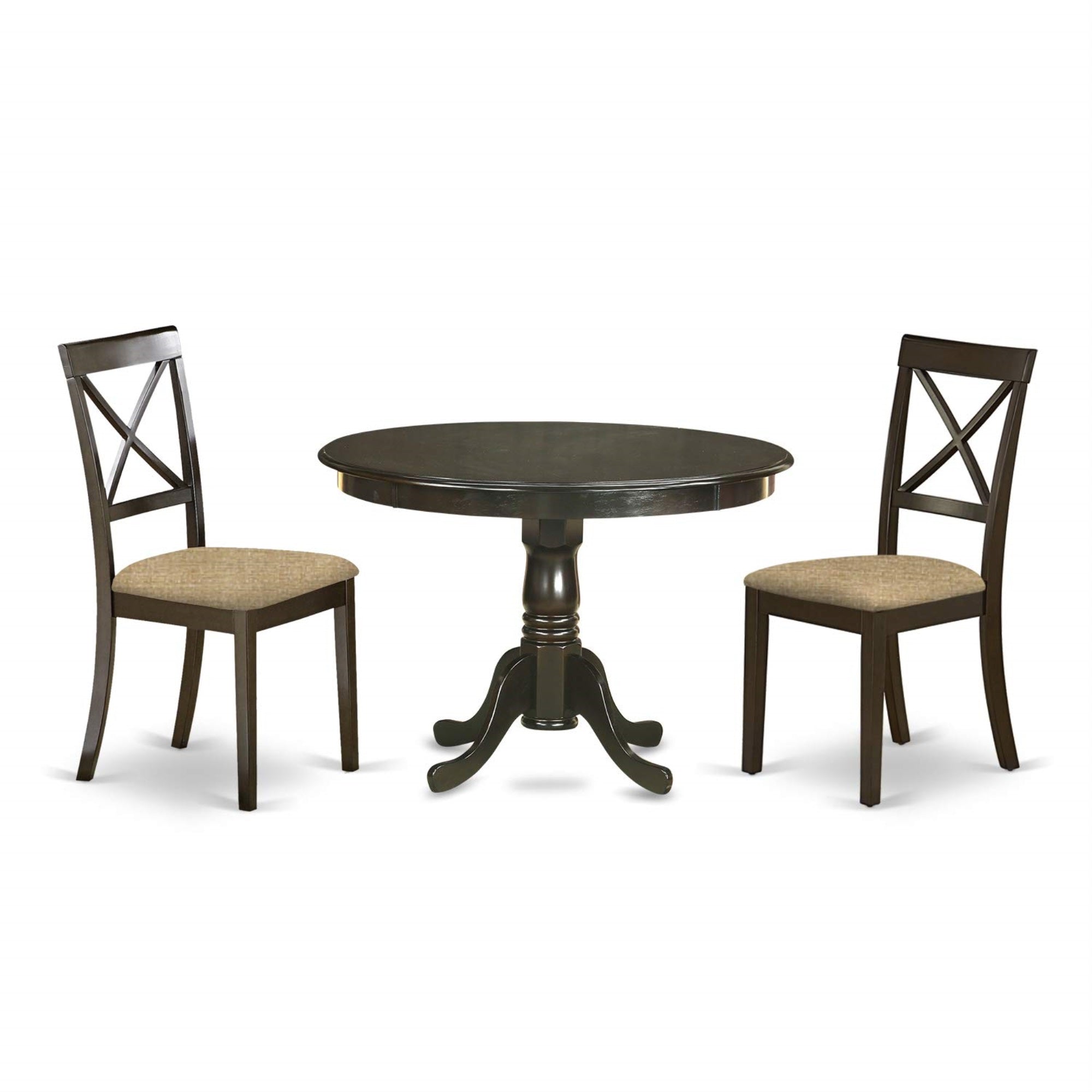 East West Furniture Hlbo3-Cap-C 3 Piece Dining Table Set For Small Spaces Contains A Round Dining Room Table With Pedestal And 2 Linen Fabric Upholstered Chairs, 42X42 Inch, Cappuccino