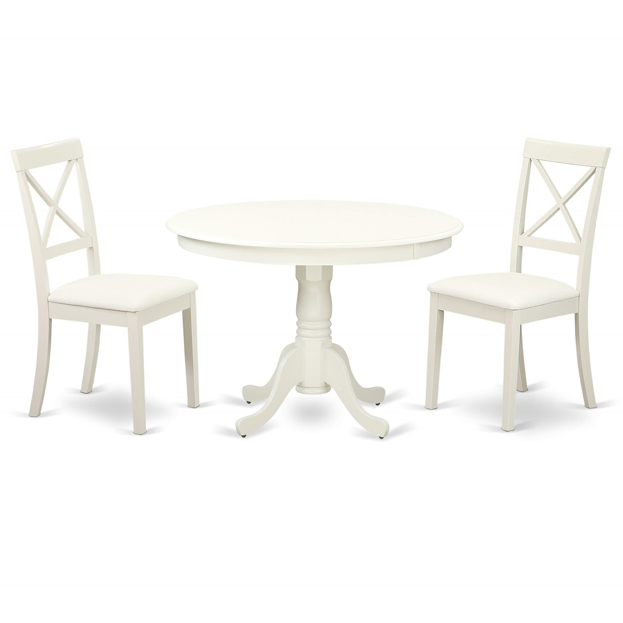 Casafoyer Hlbo3-Lwh-Lc 3 Piece Dining Set Contains A Round Dining Table With Pedestal And 2 Faux Leather Kitchen Room Chairs, 42X42 Inch, Linen White