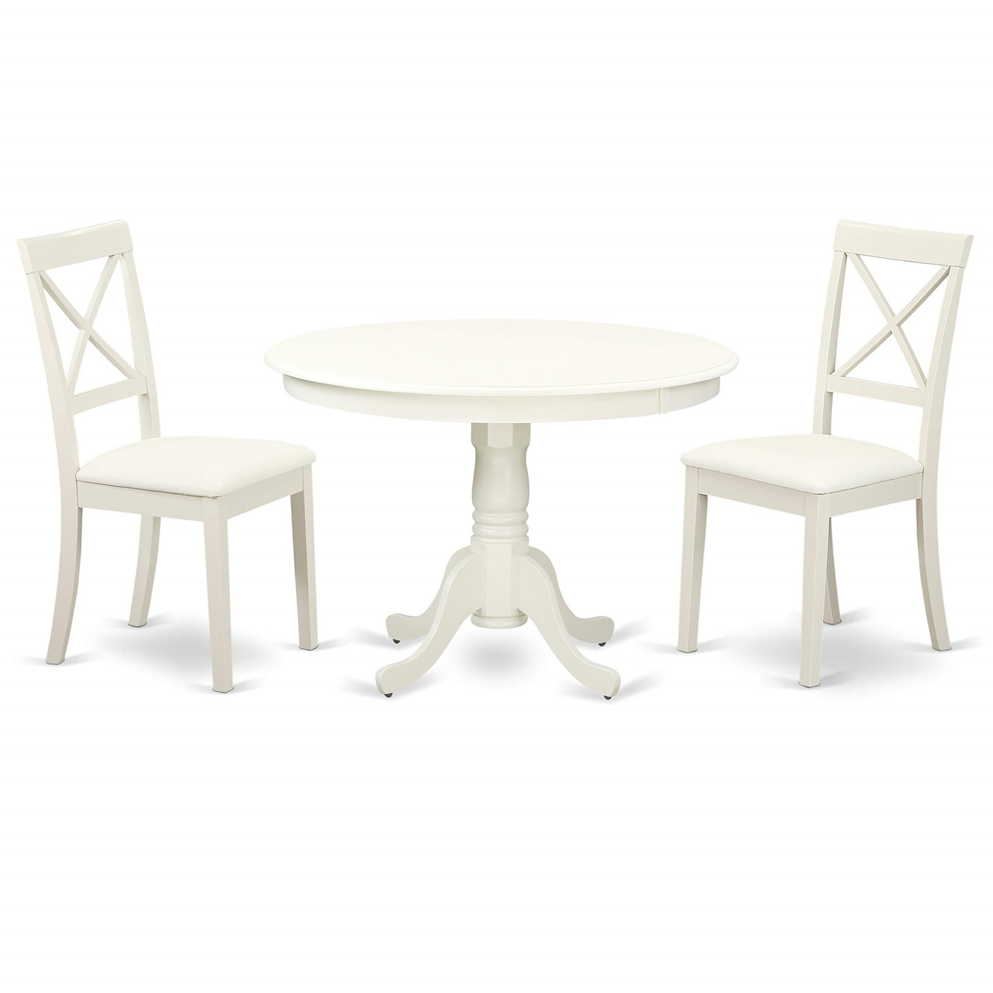 East West Furniture Hlbo3-Lwh-Lc 3 Piece Dining Set Contains A Round Dining Table With Pedestal And 2 Faux Leather Kitchen Room Chairs, 42X42 Inch, Linen White