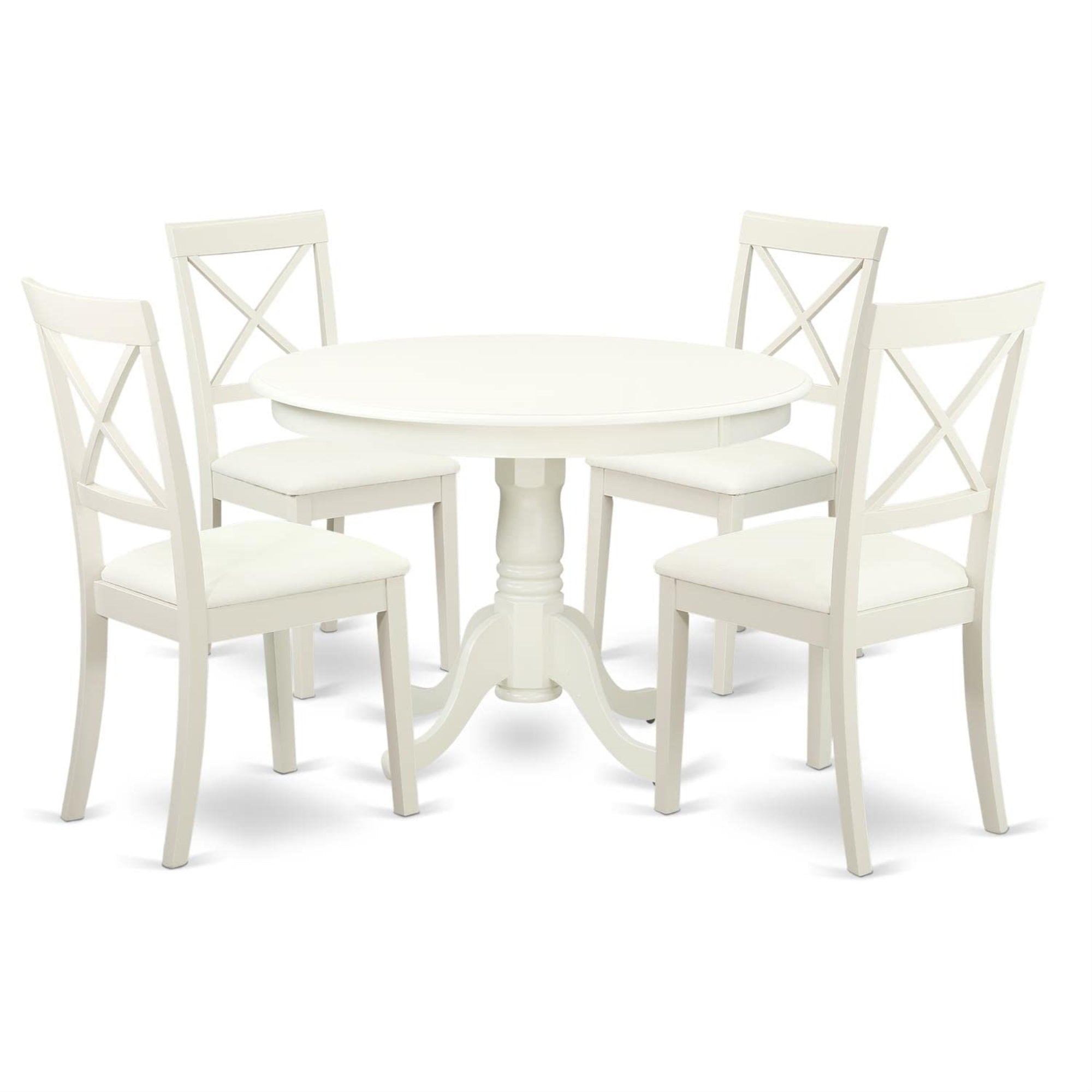 Casafoyer Hlbo5-Lwh-Lc 5 Piece Dining Set Includes A Round Dining Room Table With Pedestal And 4 Faux Leather Upholstered Chairs, 42X42 Inch, Linen White