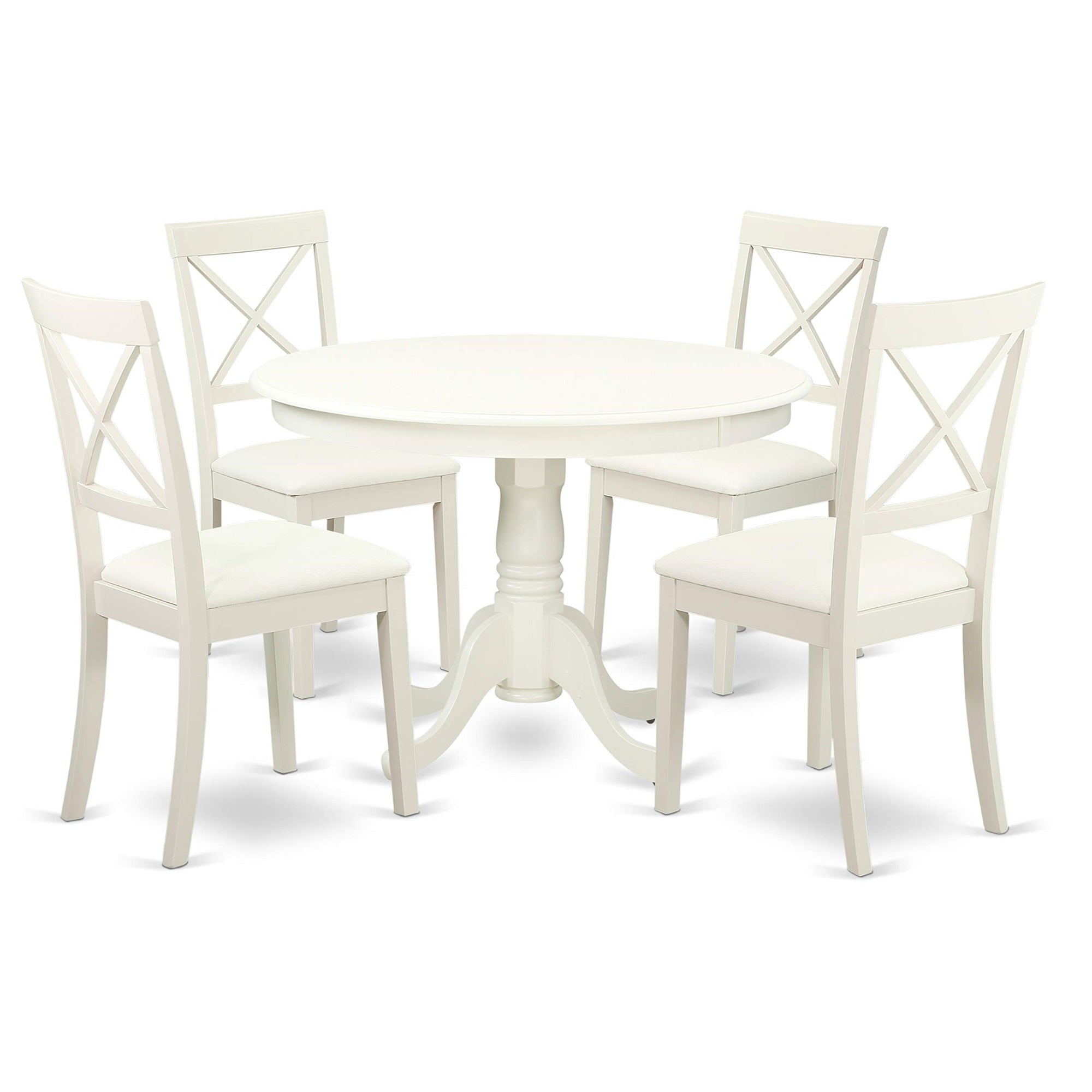 Ergode 5-Pc Dining Table & Chairs Set, Rectangle Kitchen Table With Pedestal & 4 Faux Leather Chairs, Linen White, Solid Wood, Modern & Stylish, X-Back Design, Easy Assembly, Ideal For Dining & Kitchen, Customer Satisfaction Guaranteed