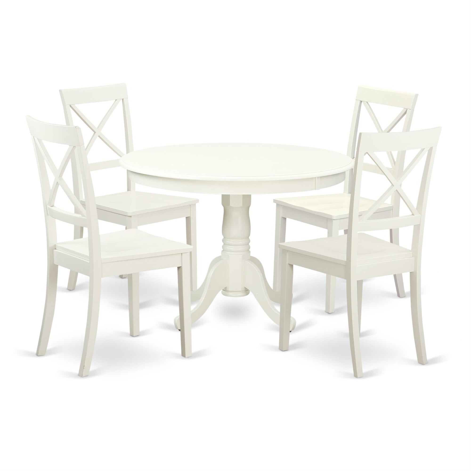 Ergode 5-Pc Dining Table Set, Round Table With Pedestal & 4 Wood Chairs, Linen White, Modern Design, Asian Hardwood, Versatile, Easy Assembly