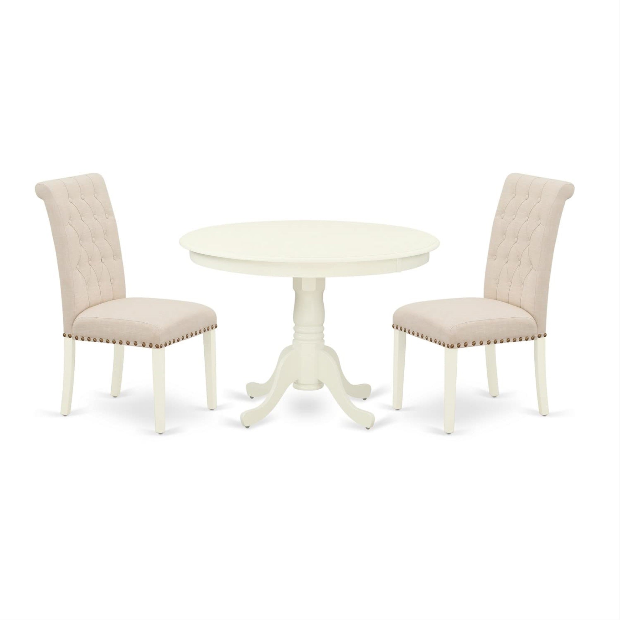 East West Furniture Hlbr3-Lwh-02 3 Piece Dining Table Set Contains A Round Dining Room Table With Pedestal And 2 Light Beige Linen Fabric Upholstered Chairs, 42X42 Inch, Linen White