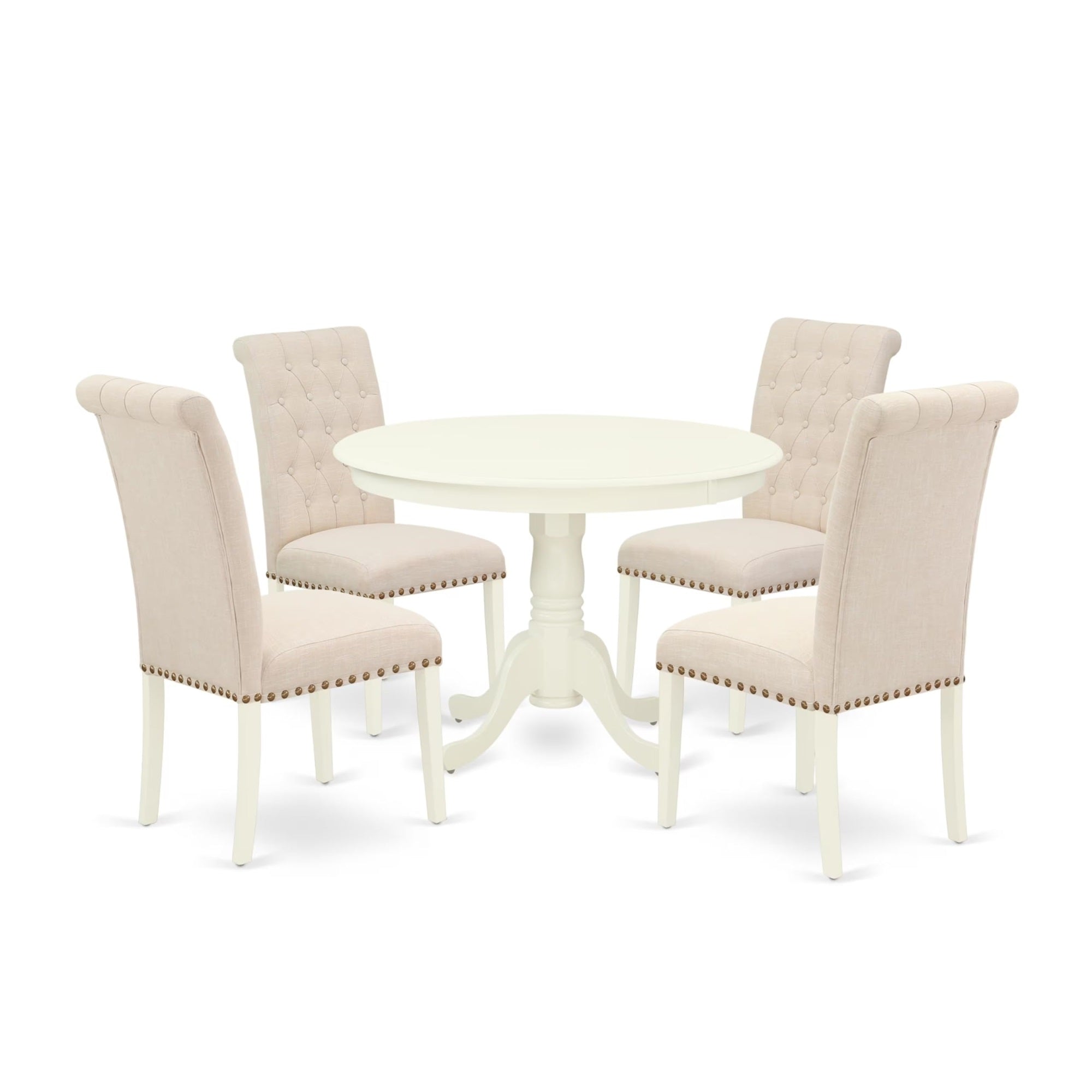 Casafoyer Hlbr5-Lwh-02 5 Piece Dining Room Furniture Set Includes A Round Dining Table With Pedestal And 4 Light Beige Linen Fabric Upholstered Chairs, 42X42 Inch, Linen White