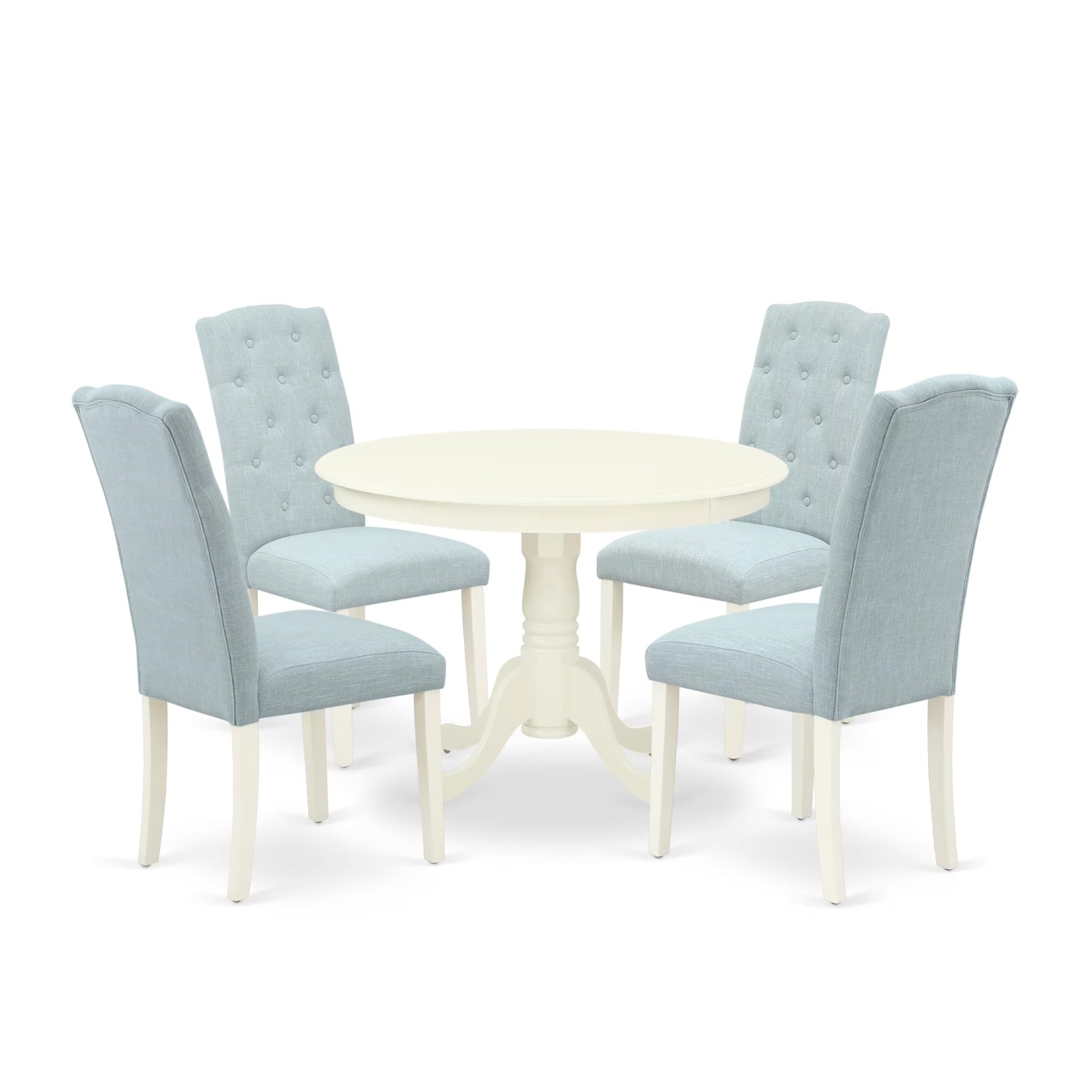 Casafoyer Hlce5-Lwh-15 5 Piece Dining Table Set For 4 Includes A Round Kitchen Table With Pedestal And 4 Baby Blue Linen Fabric Upholstered Parson Chairs, 42X42 Inch, Linen White