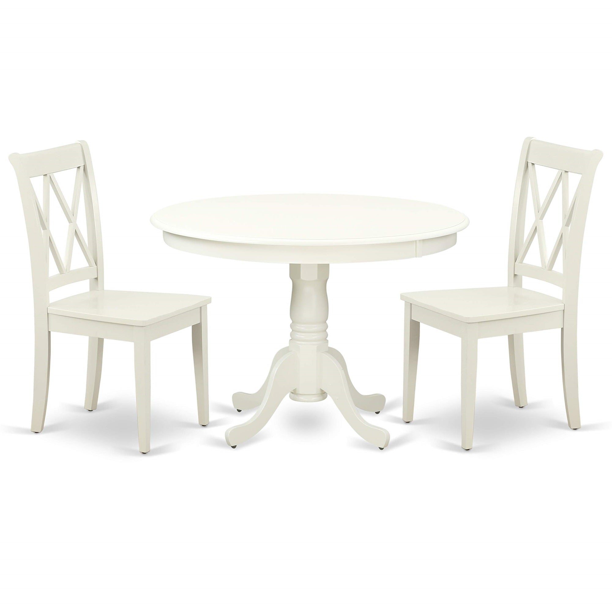 East West Furniture Hlcl3-Lwh-W 3 Piece Dining Table Set For Small Spaces Contains A Round Dining Room Table With Pedestal And 2 Wood Seat Chairs, 42X42 Inch, Linen White