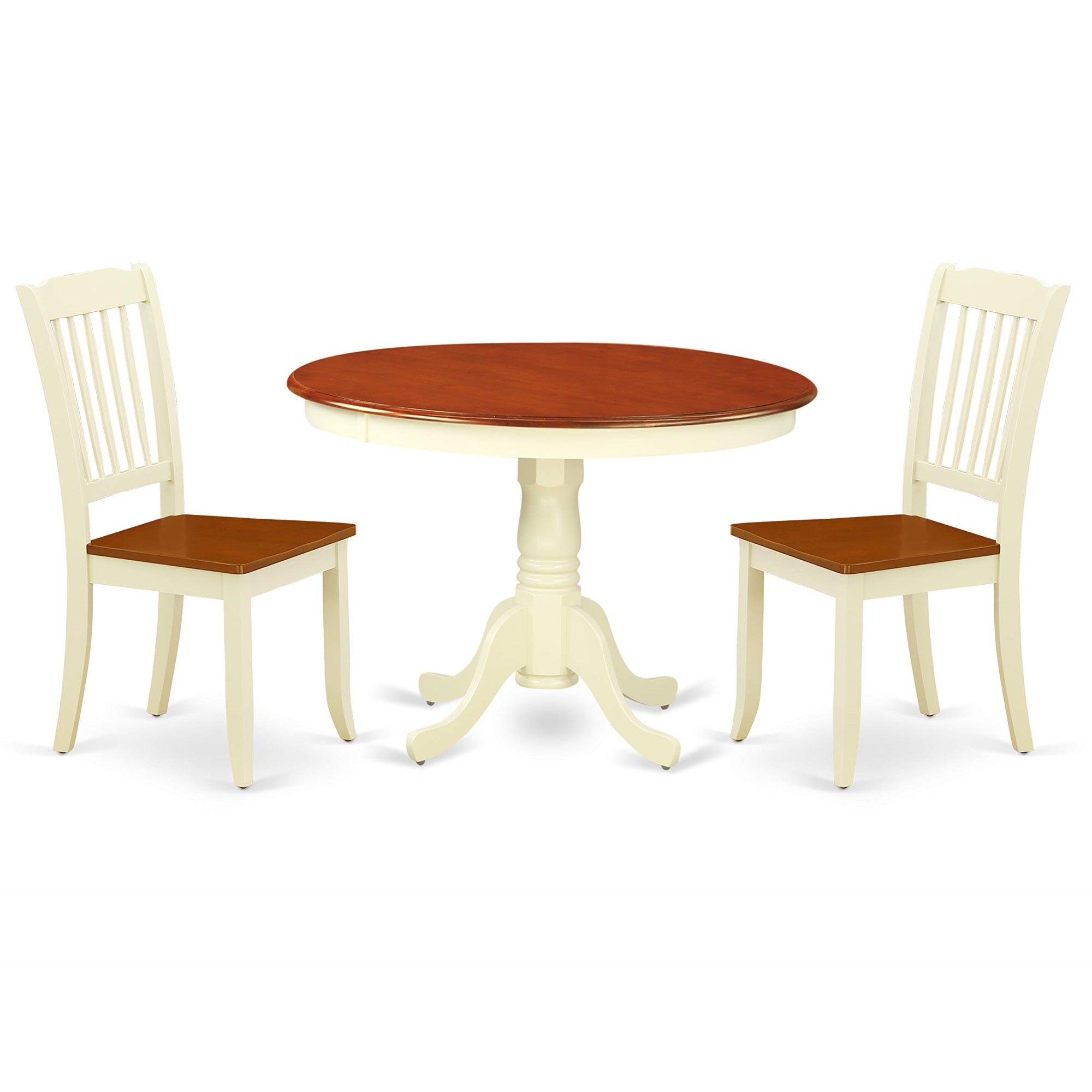 East West Furniture Hlda3-Bmk-W 3 Piece Modern Dining Table Set Contains A Round Wooden Table With Pedestal And 2 Dining Chairs, 42X42 Inch, Buttermilk & Cherry