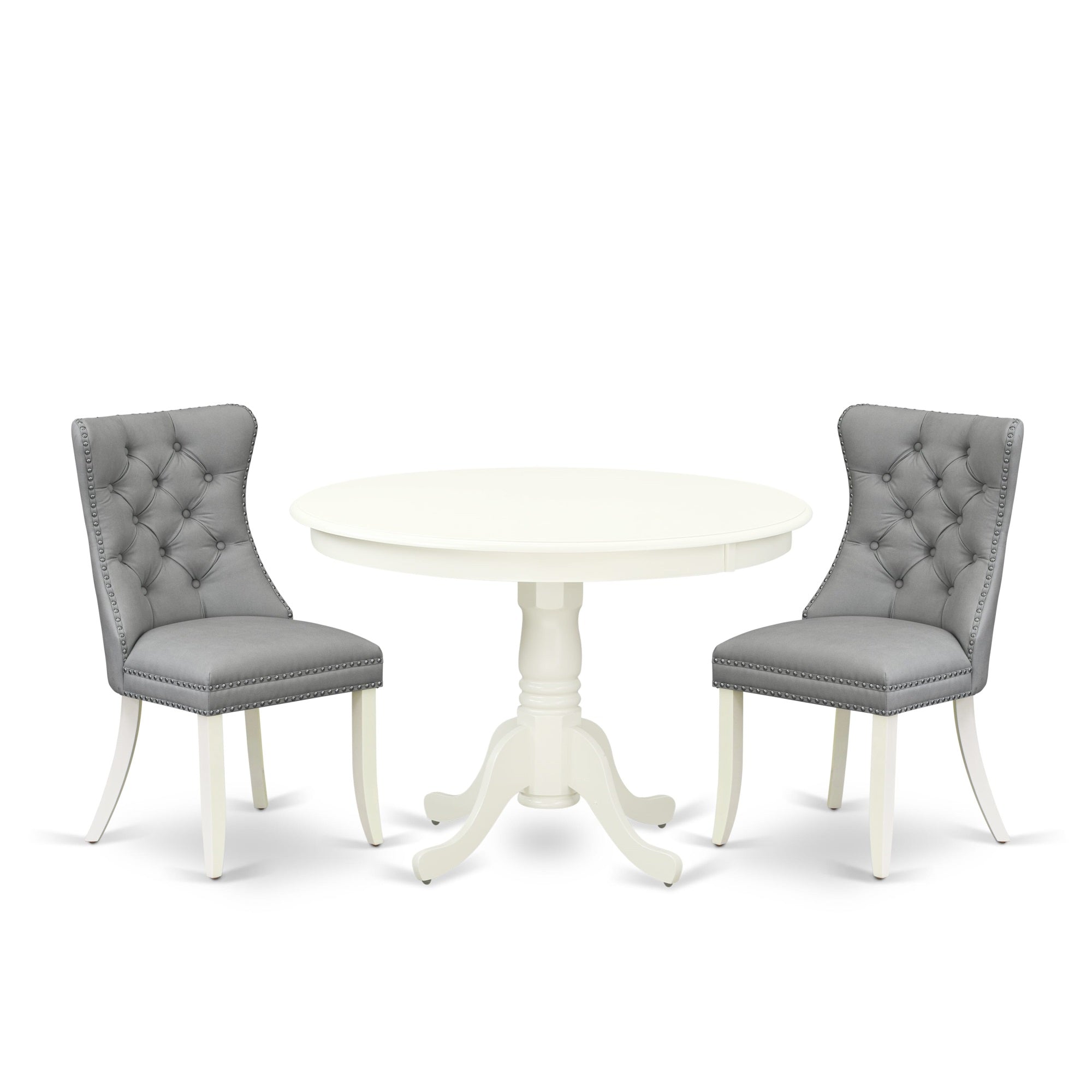 East West Furniture Hlda3-Lwh-27 3 Piece Kitchen Table & Chairs Set Contains A Round Dining Table With Pedestal And 2 Upholstered Parson Chairs, 42X42 Inch, Linen White