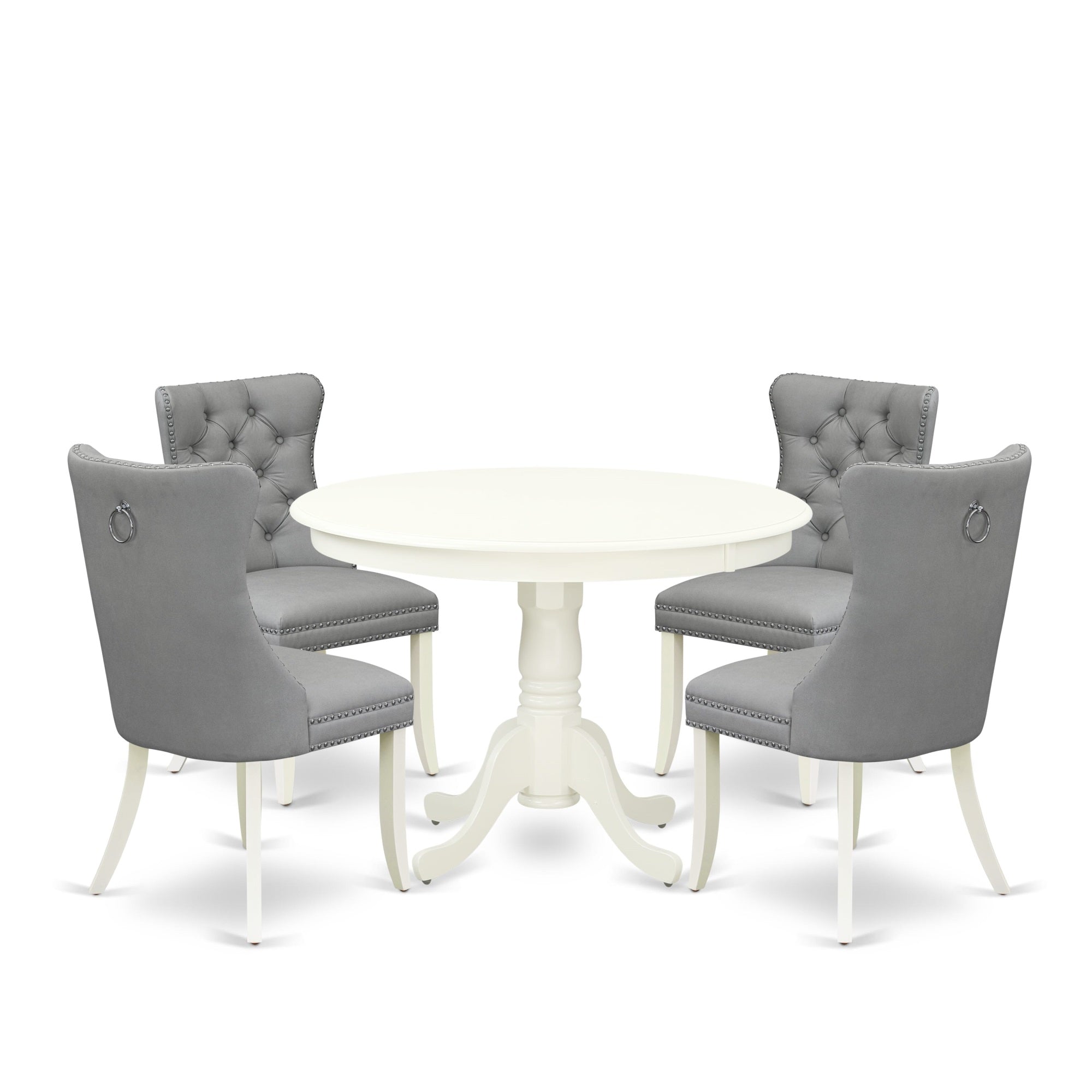 East West Furniture Hlda5-Lwh-27 5 Piece Modern Dining Table Set Includes A Round Kitchen Table With Pedestal And 4 Upholstered Parson Chairs, 42X42 Inch, Linen White
