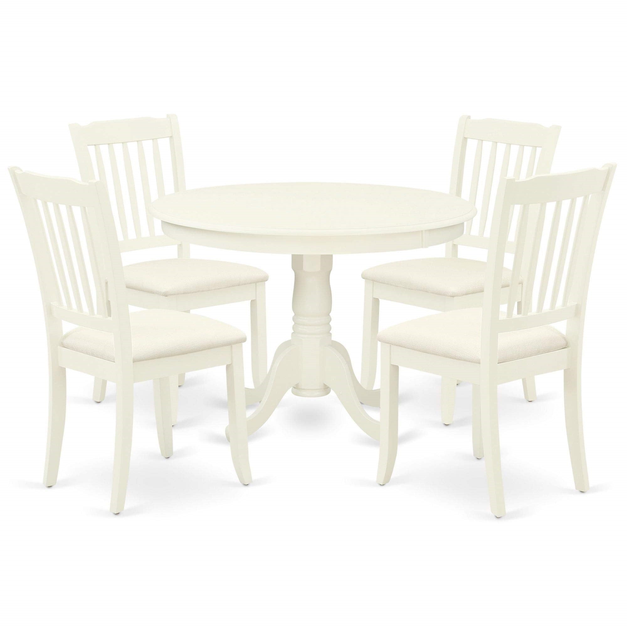 Ergode-Hlda5-Lwh-C 5-Piece Dining Set, Round Table With Pedestal Legs, 4 Linen Fabric Chairs, Asian Hardwood, Linen White Finish, 42X42 Inch