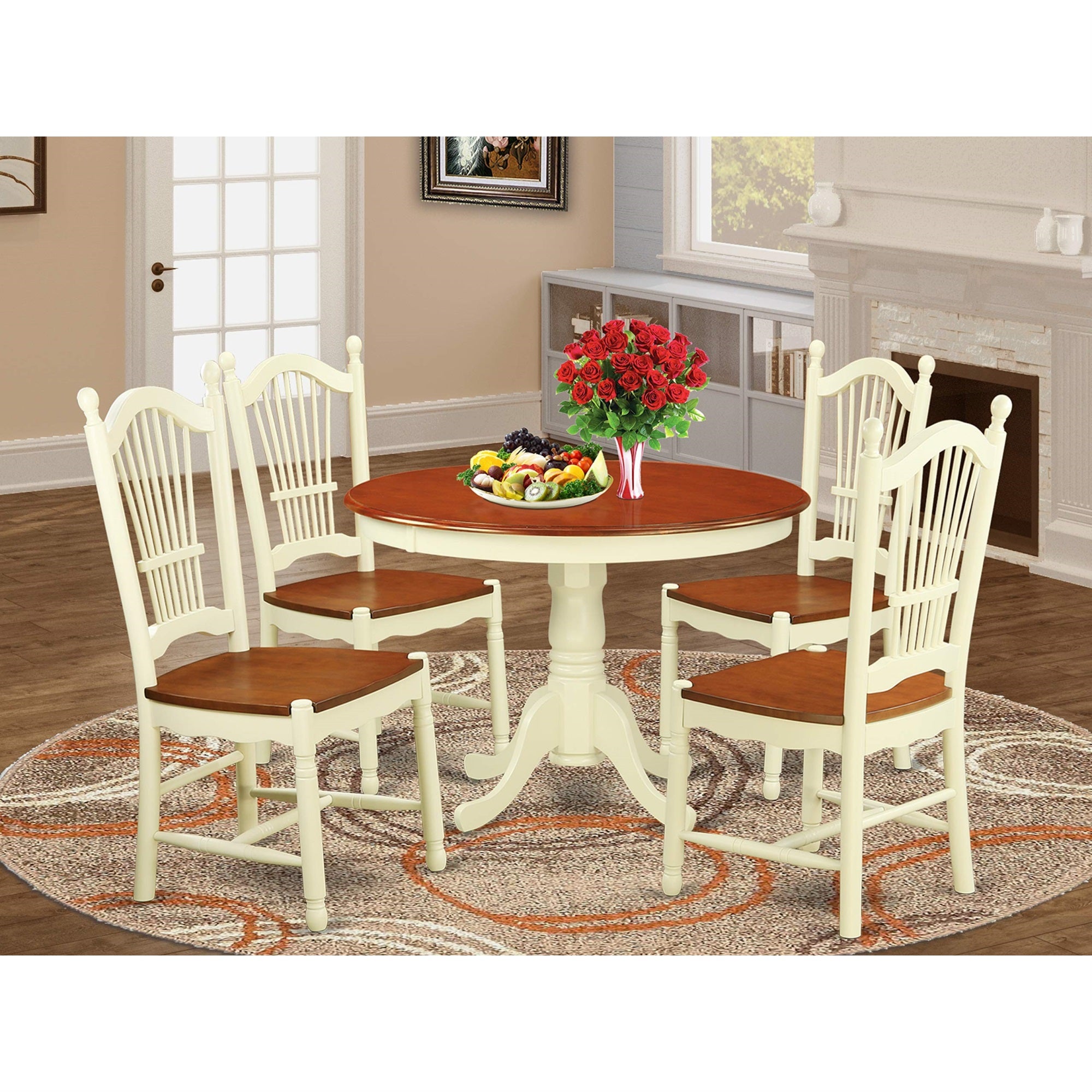 Casafoyer Hldo5-Bmk-W 5 Piece Dining Table Set For 4 Includes A Round Kitchen Table With Pedestal And 4 Kitchen Dining Chairs, 42X42 Inch, Buttermilk & Cherry