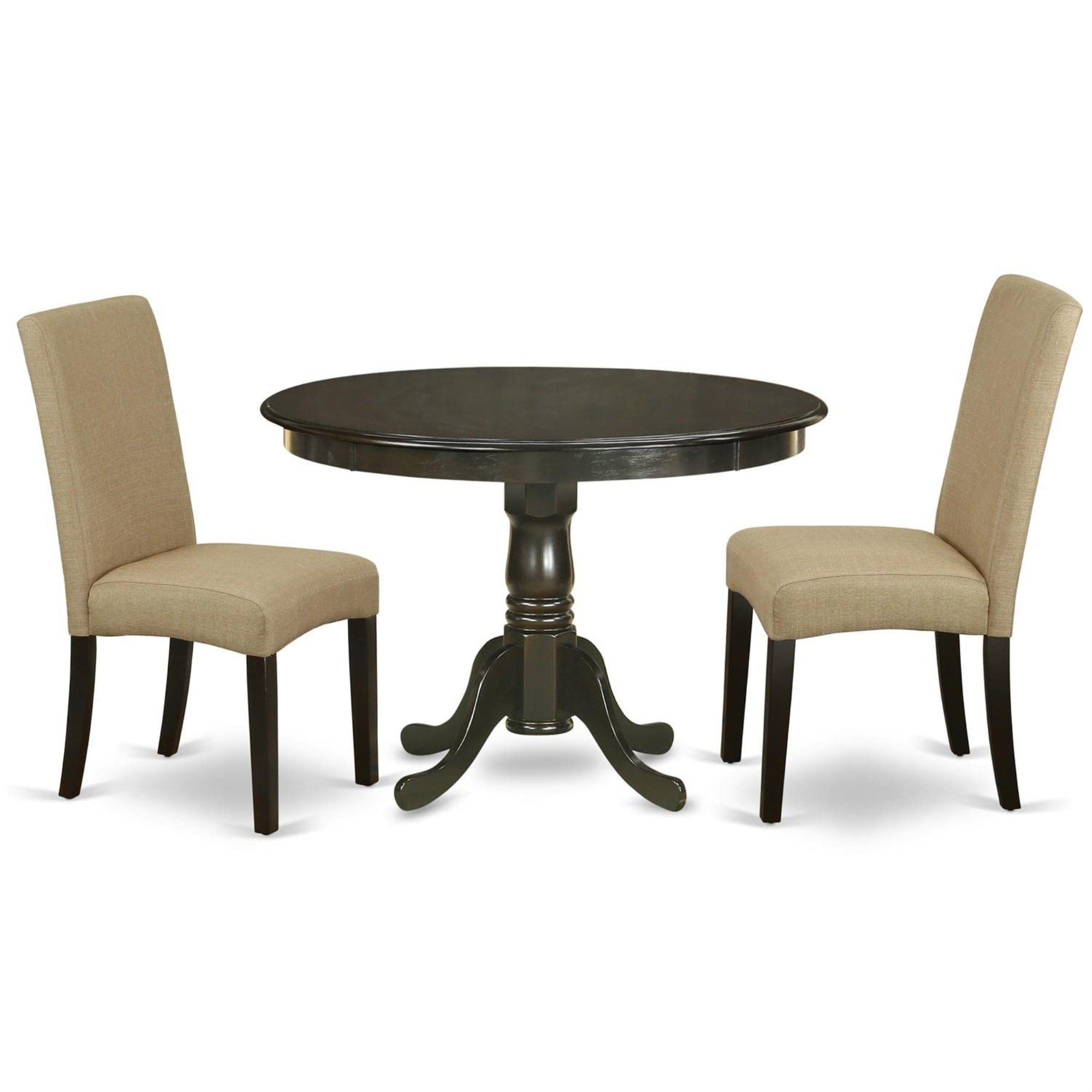 Casafoyer Hldr3-Cap-03 3 Piece Dining Room Table Set Contains A Round Dining Table With Pedestal And 2 Brown Linen Fabric Upholstered Parson Chairs, 42X42 Inch, Cappuccino