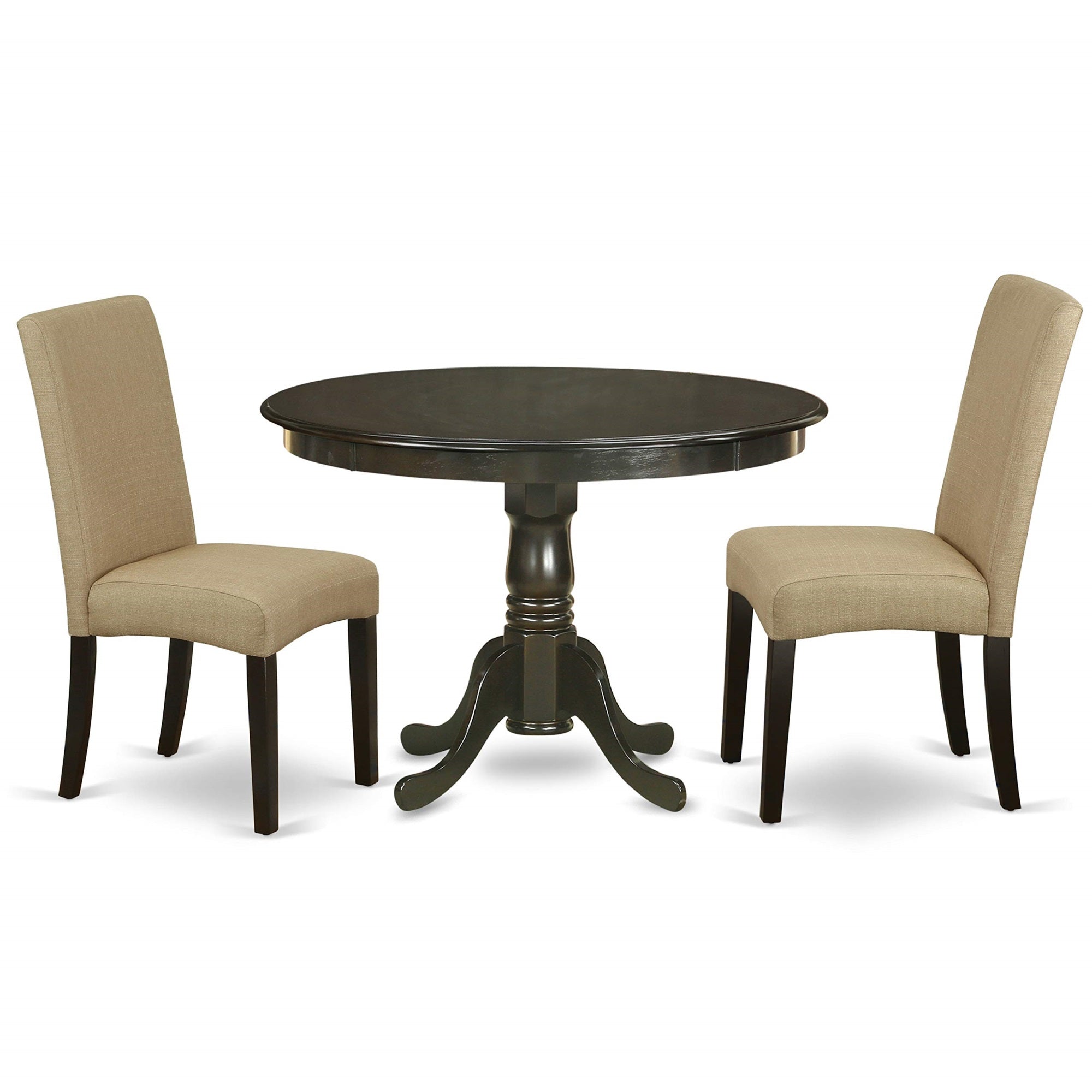 East West Furniture Hldr3-Cap-03 3 Piece Dining Room Table Set Contains A Round Dining Table With Pedestal And 2 Brown Linen Fabric Upholstered Parson Chairs, 42X42 Inch, Cappuccino