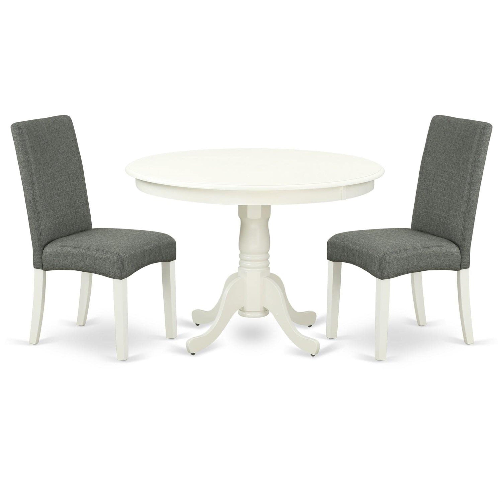 Casafoyer Hldr3-Lwh-07 3 Piece Modern Dining Table Set Contains A Round Wooden Table With Pedestal And 2 Gray Linen Fabric Parsons Dining Chairs, 42X42 Inch, Linen White
