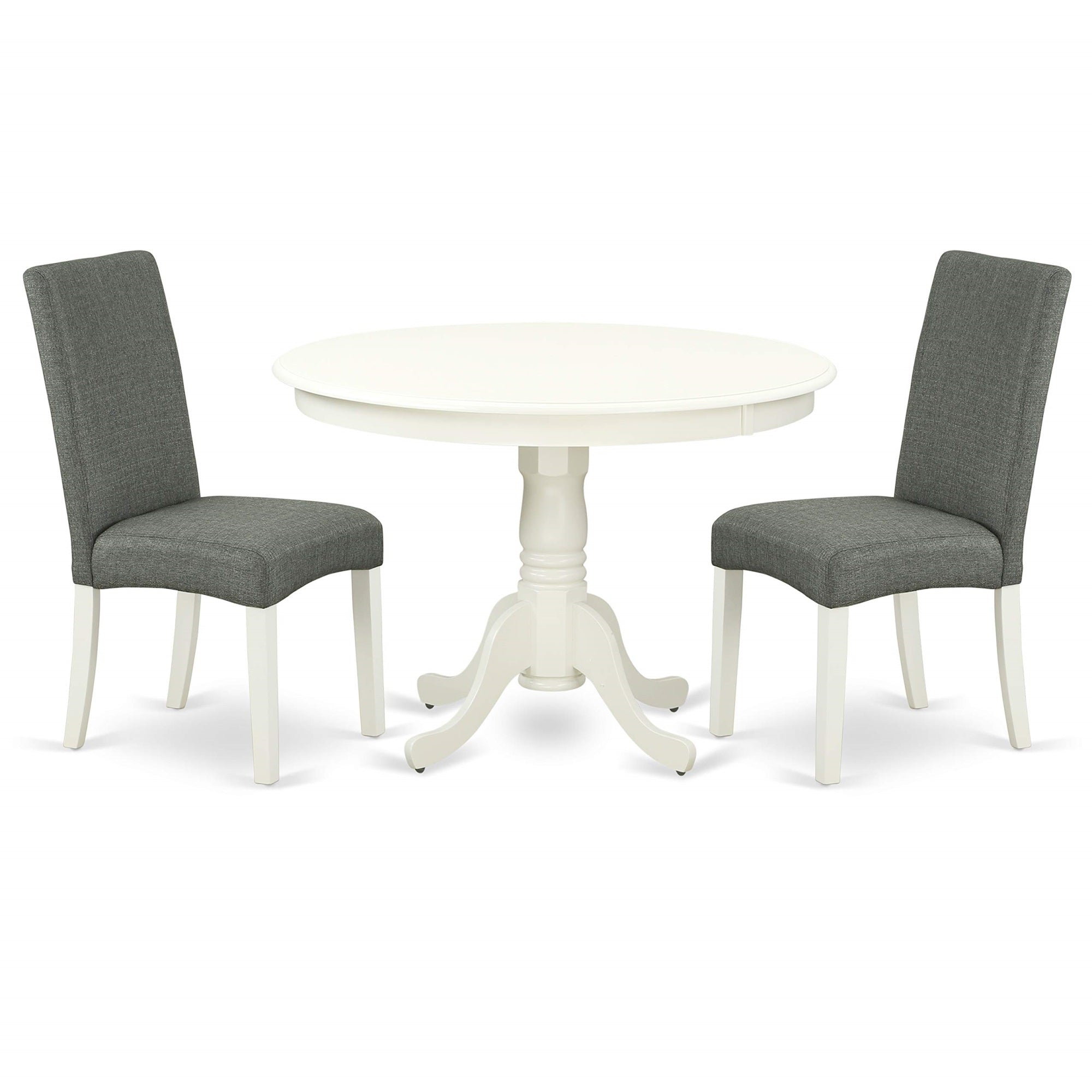 East West Furniture Hldr3-Lwh-07 3 Piece Modern Dining Table Set Contains A Round Wooden Table With Pedestal And 2 Gray Linen Fabric Parsons Dining Chairs, 42X42 Inch, Linen White