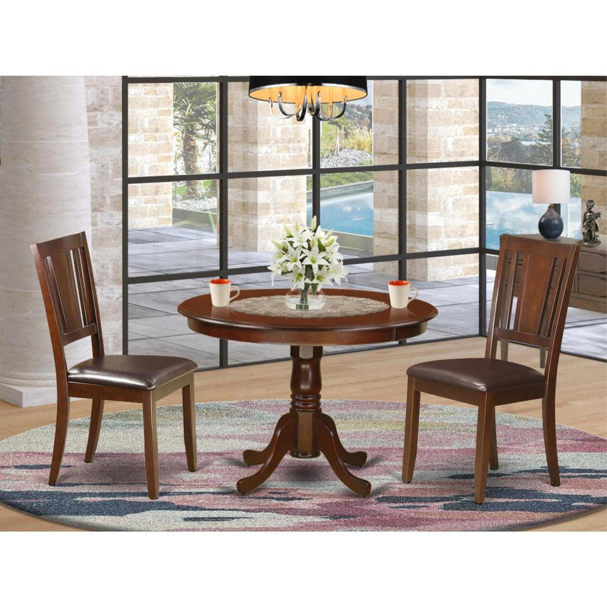 3  Pc  set  with  a  Round  Kitchen  Table  and  2  Leather  Dinette  Chairs  in  Mahogany
