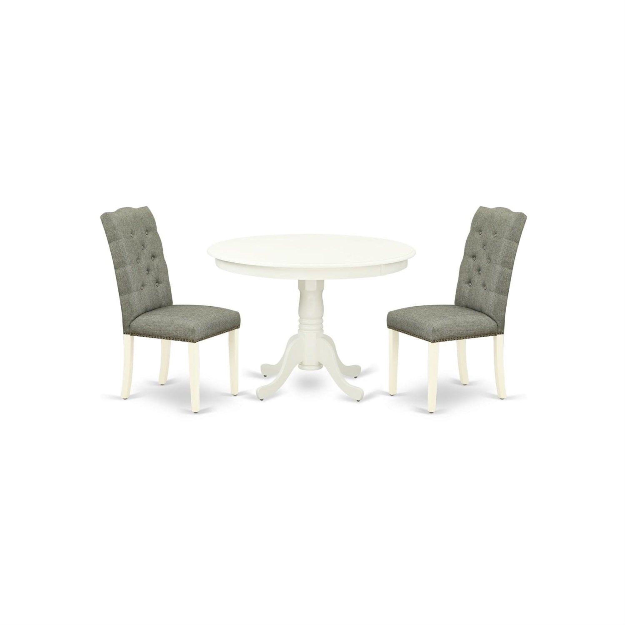Casafoyer Hlel3-Lwh-07 3 Piece Kitchen Table & Chairs Set Contains A Round Dining Room Table With Pedestal And 2 Gray Linen Fabric Parsons Dining Chairs, 42X42 Inch, Linen White
