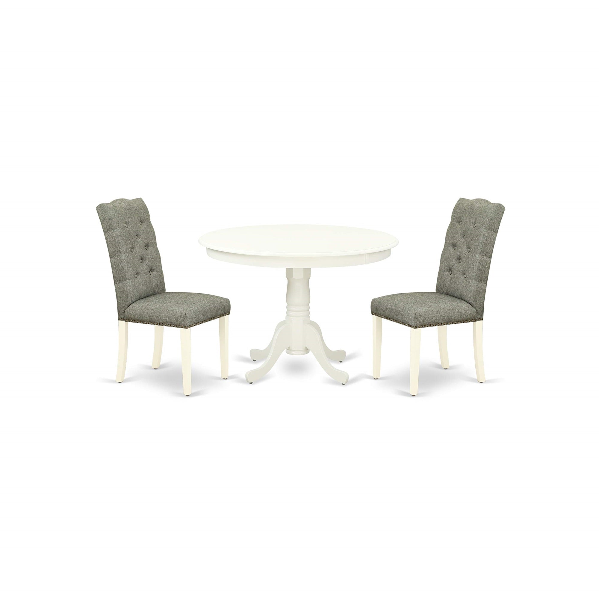 East West Furniture Hlel3-Lwh-07 3 Piece Kitchen Table & Chairs Set Contains A Round Dining Room Table With Pedestal And 2 Gray Linen Fabric Parsons Dining Chairs, 42X42 Inch, Linen White