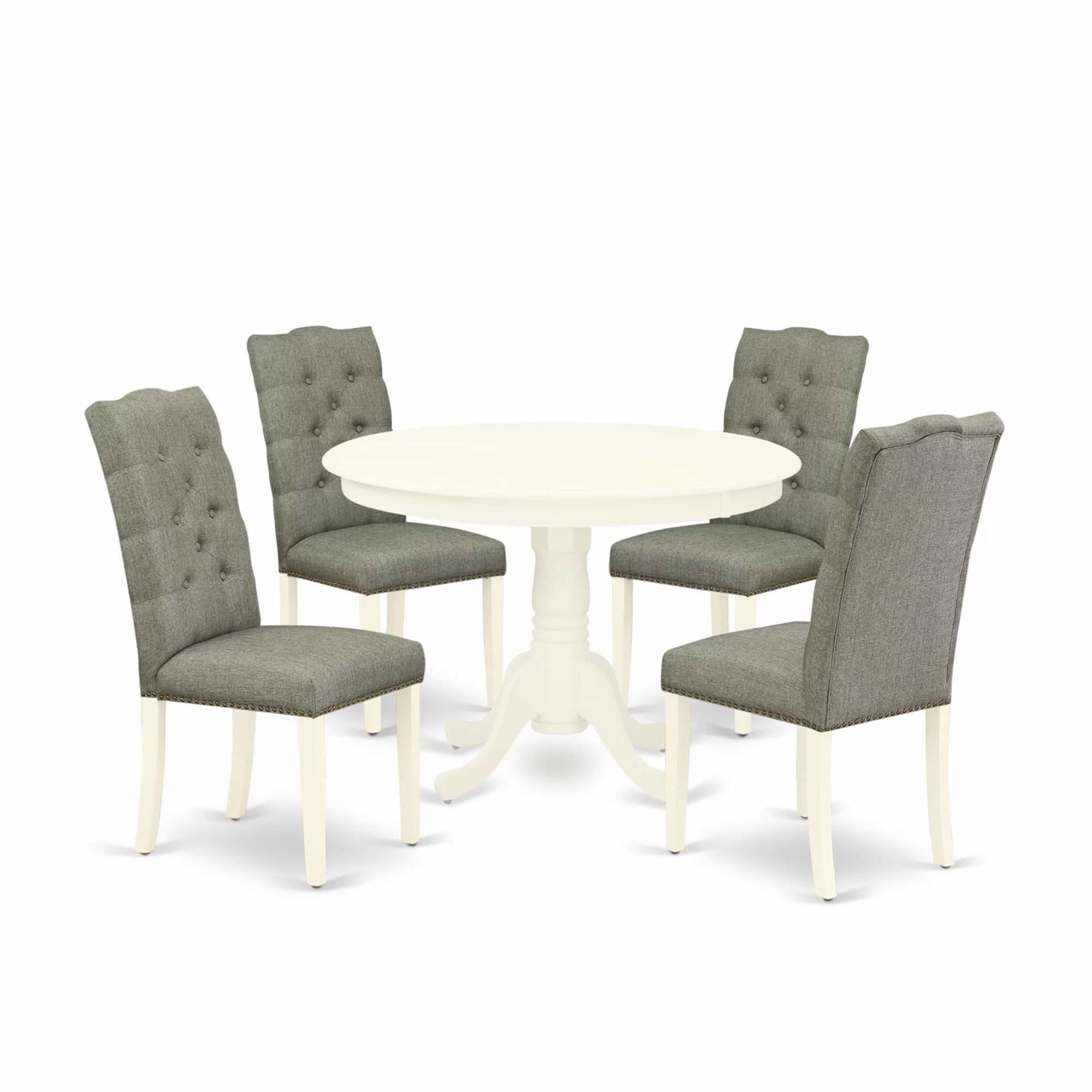Casafoyer Hlel5-Lwh-07 5 Piece Modern Dining Table Set Includes A Round Wooden Table With Pedestal And 4 Gray Linen Fabric Upholstered Parson Chairs, 42X42 Inch, Linen White