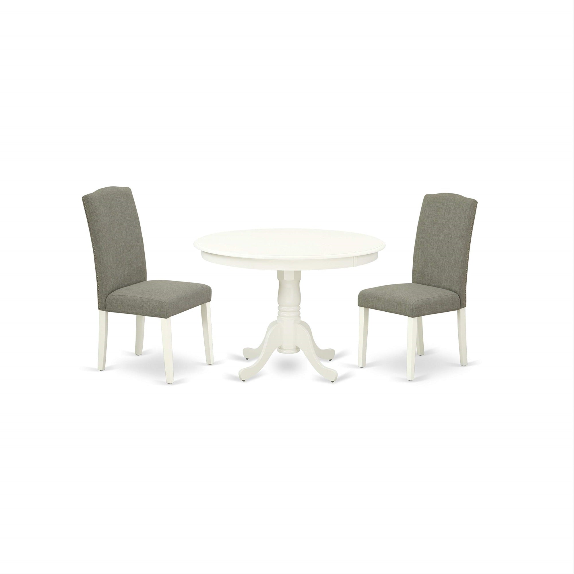 East West Furniture Hlen3-Lwh-06 3 Piece Dining Set For Small Spaces Contains A Round Dining Room Table With Pedestal And 2 Dark Shitake Linen Fabric Parson Chairs, 42X42 Inch, Linen White