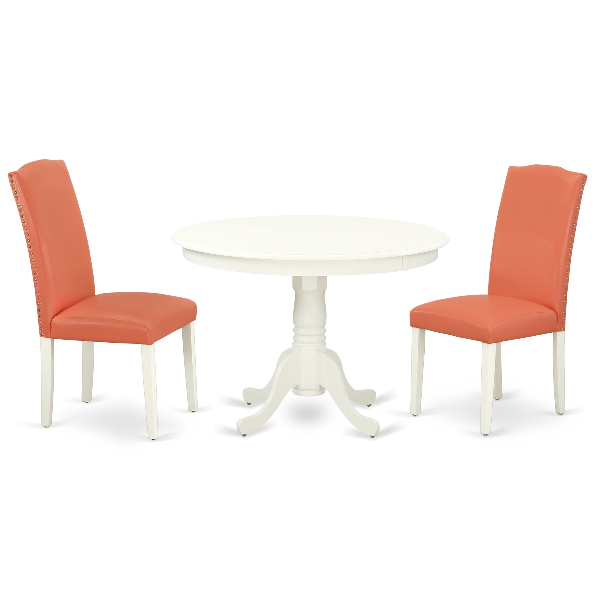 Hlen3-Lwh-78 3Pc Rounded 42 Inch Dining Room Table And 2 Parson Chair With Linen White Leg And Pu Leather Color Pink Flamingo