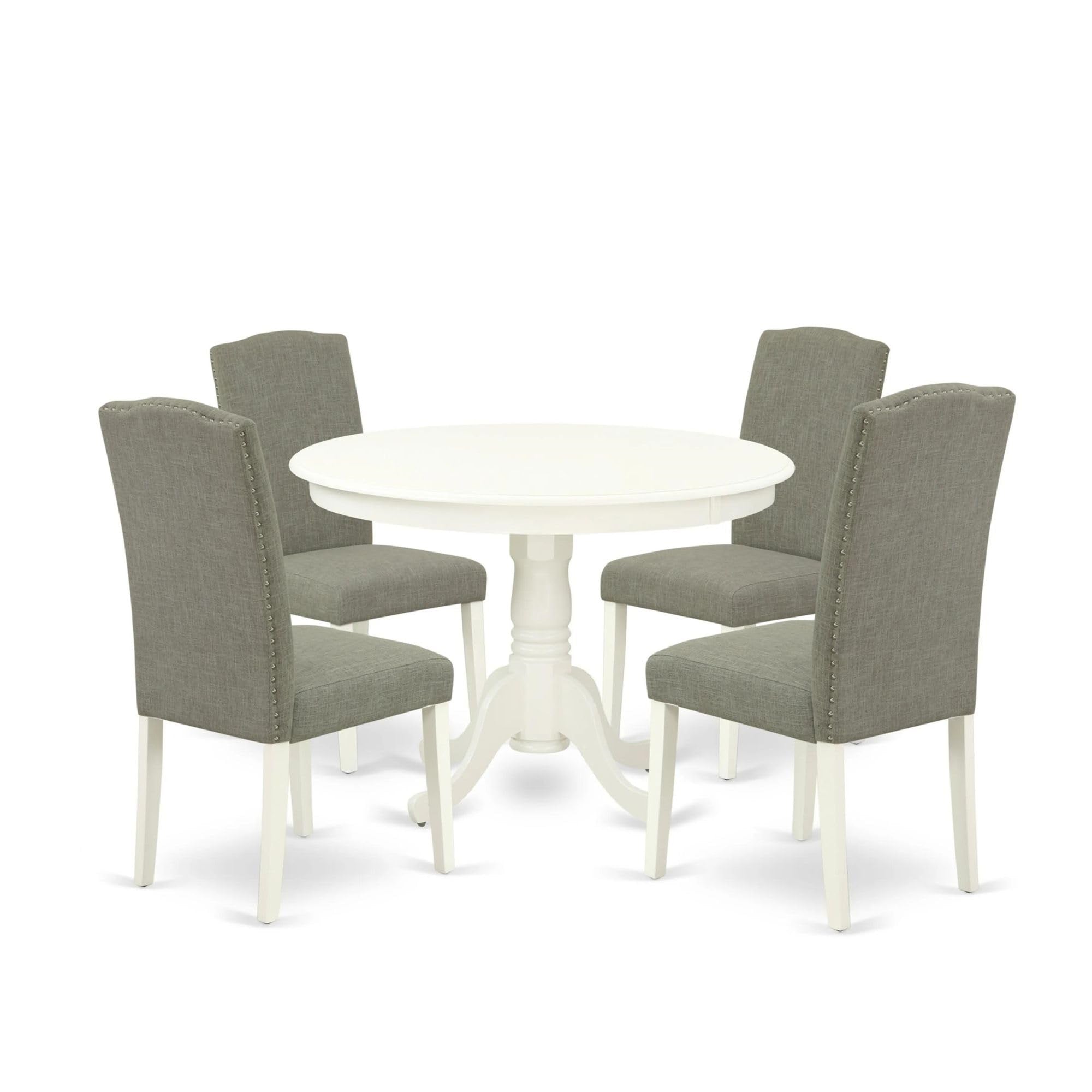 Casafoyer Hlen5-Lwh-06 5 Piece Dining Table Set Includes A Round Kitchen Table With Pedestal And 4 Dark Shitake Linen Fabric Upholstered Chairs, 42X42 Inch, Linen White