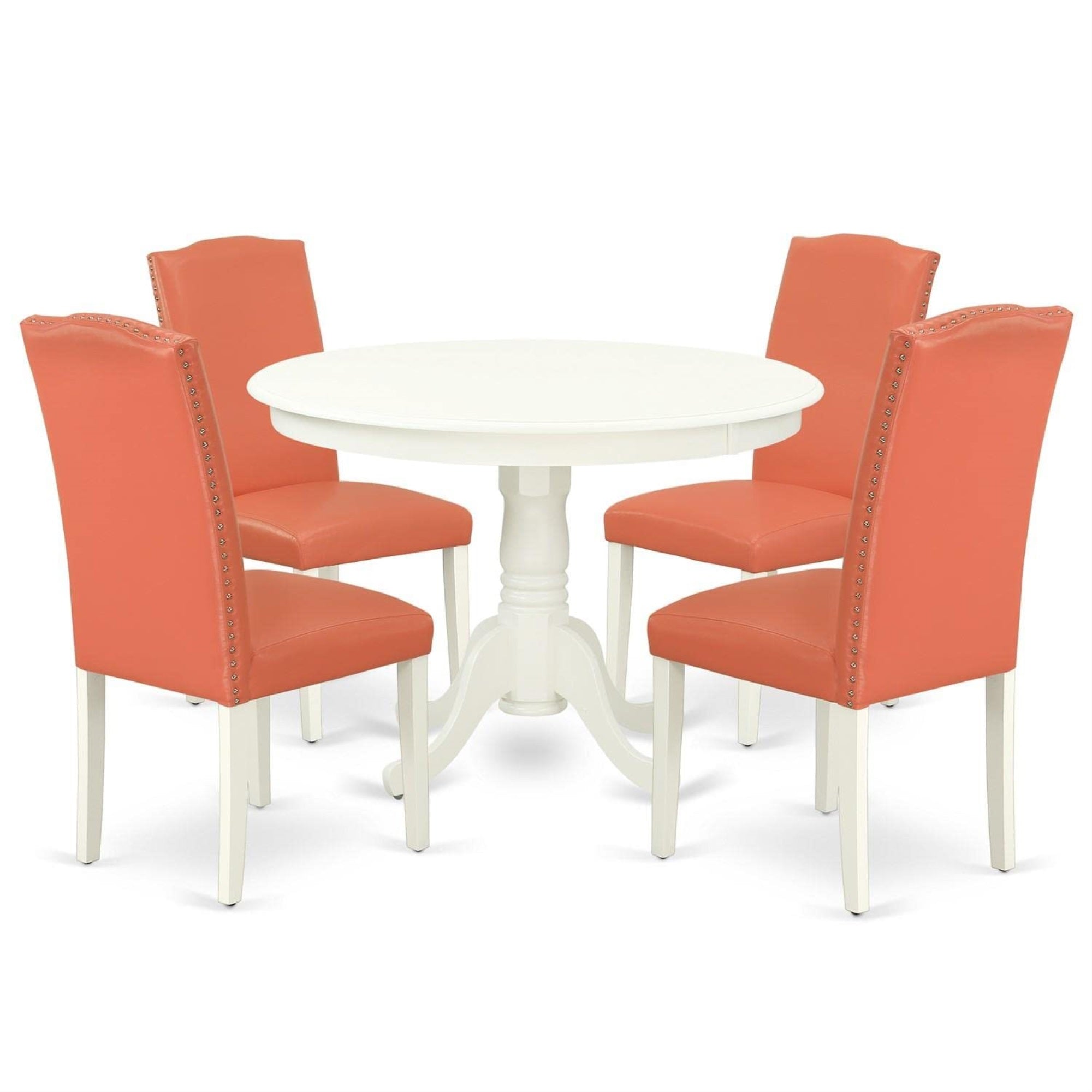 Casafoyer Hlen5-Lwh-78 5 Piece Dining Table Set Includes A Round Wooden Table With Pedestal And 4 Pink Flamingo Faux Leather Parson Dining Room Chairs, 42X42 Inch, Linen White