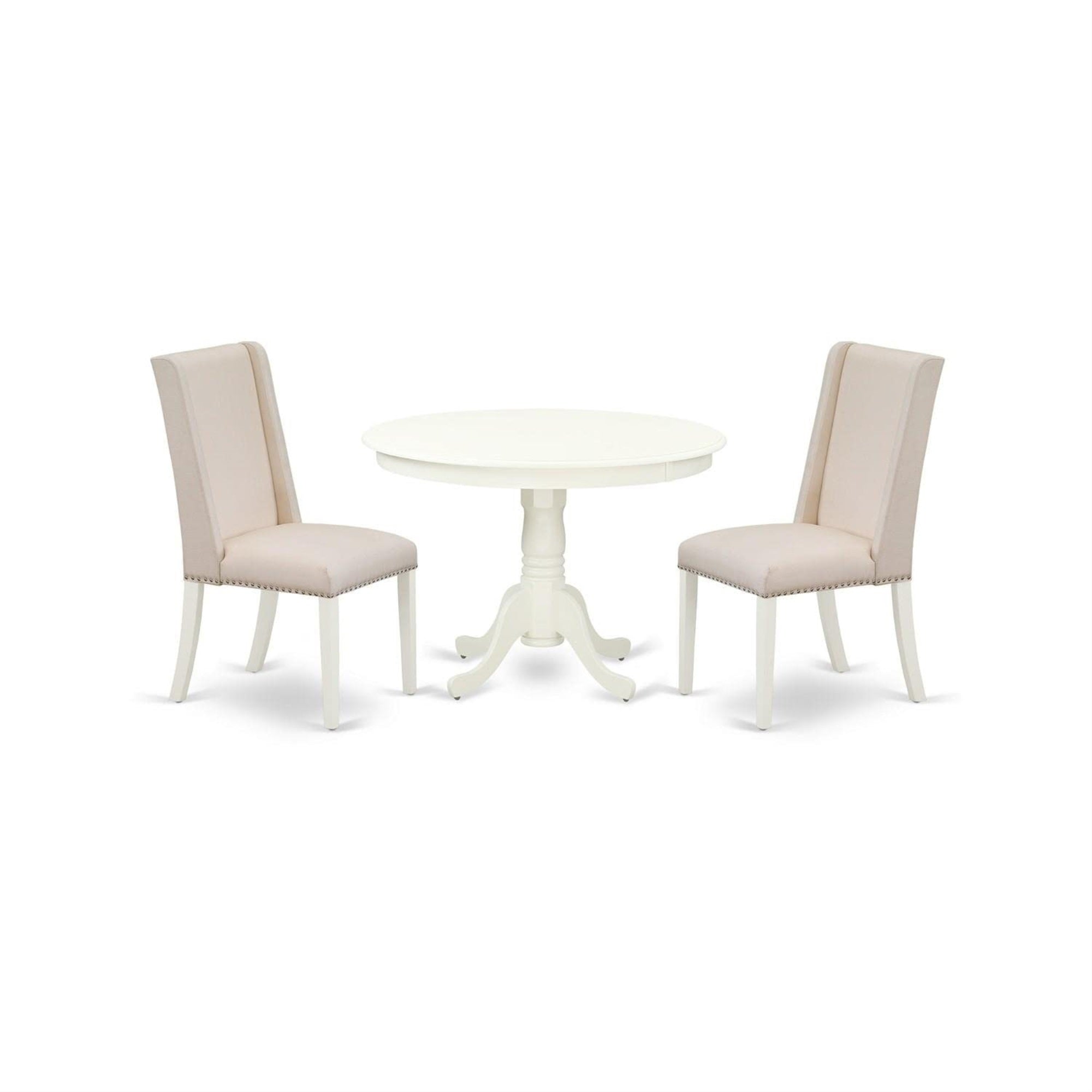 Casafoyer Hlfl3-Lwh-01 3 Piece Dining Room Table Set Contains A Round Kitchen Table With Pedestal And 2 Cream Linen Fabric Parson Dining Chairs, 42X42 Inch, Linen White