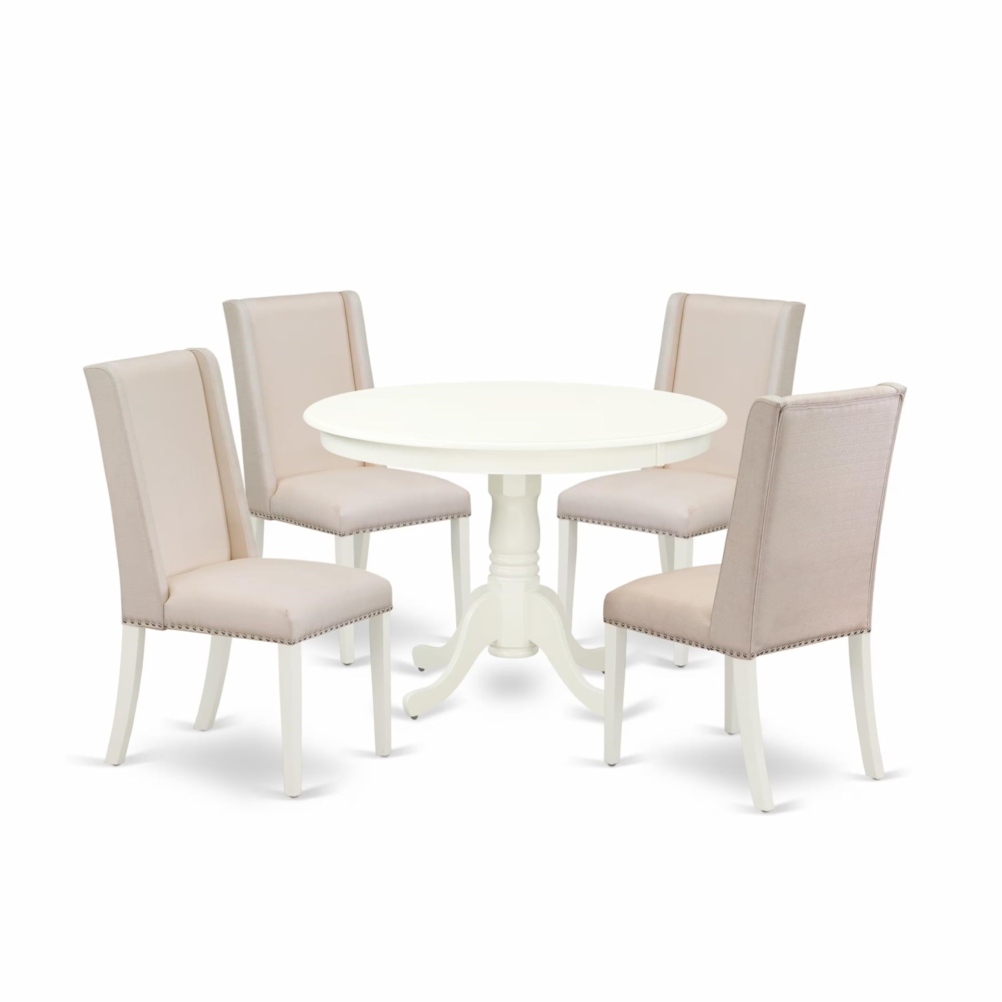 Casafoyer Hlfl5-Lwh-01 5 Piece Kitchen Table & Chairs Set Includes A Round Dining Room Table With Pedestal And 4 Cream Linen Fabric Parsons Dining Chairs, 42X42 Inch, Linen White