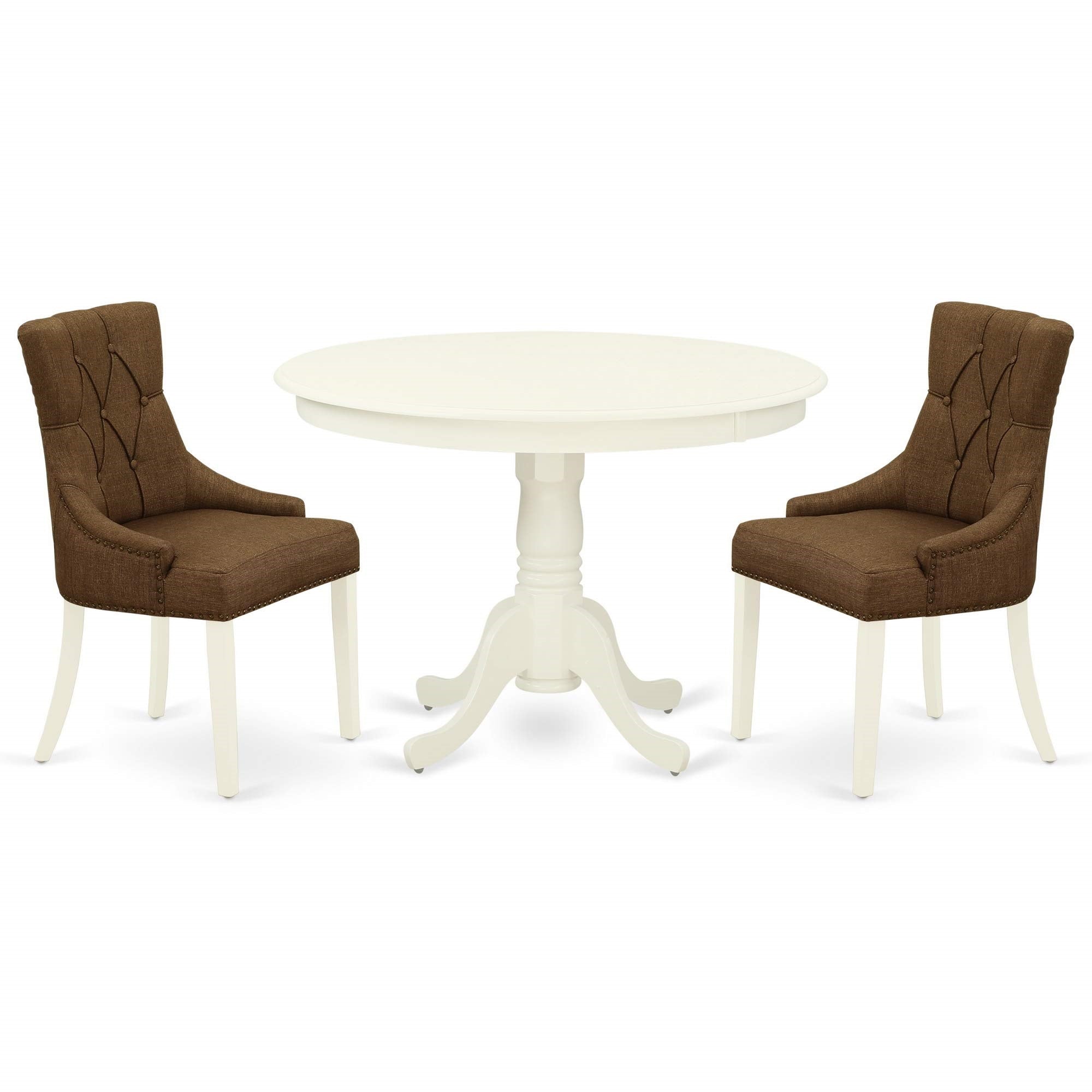 East West Furniture Hlfr3-Lwh-18 3 Piece Kitchen Table & Chairs Set Contains A Round Dining Room Table With Pedestal And 2 Brown Linen Linen Fabric Parson Chairs, 42X42 Inch, Linen White