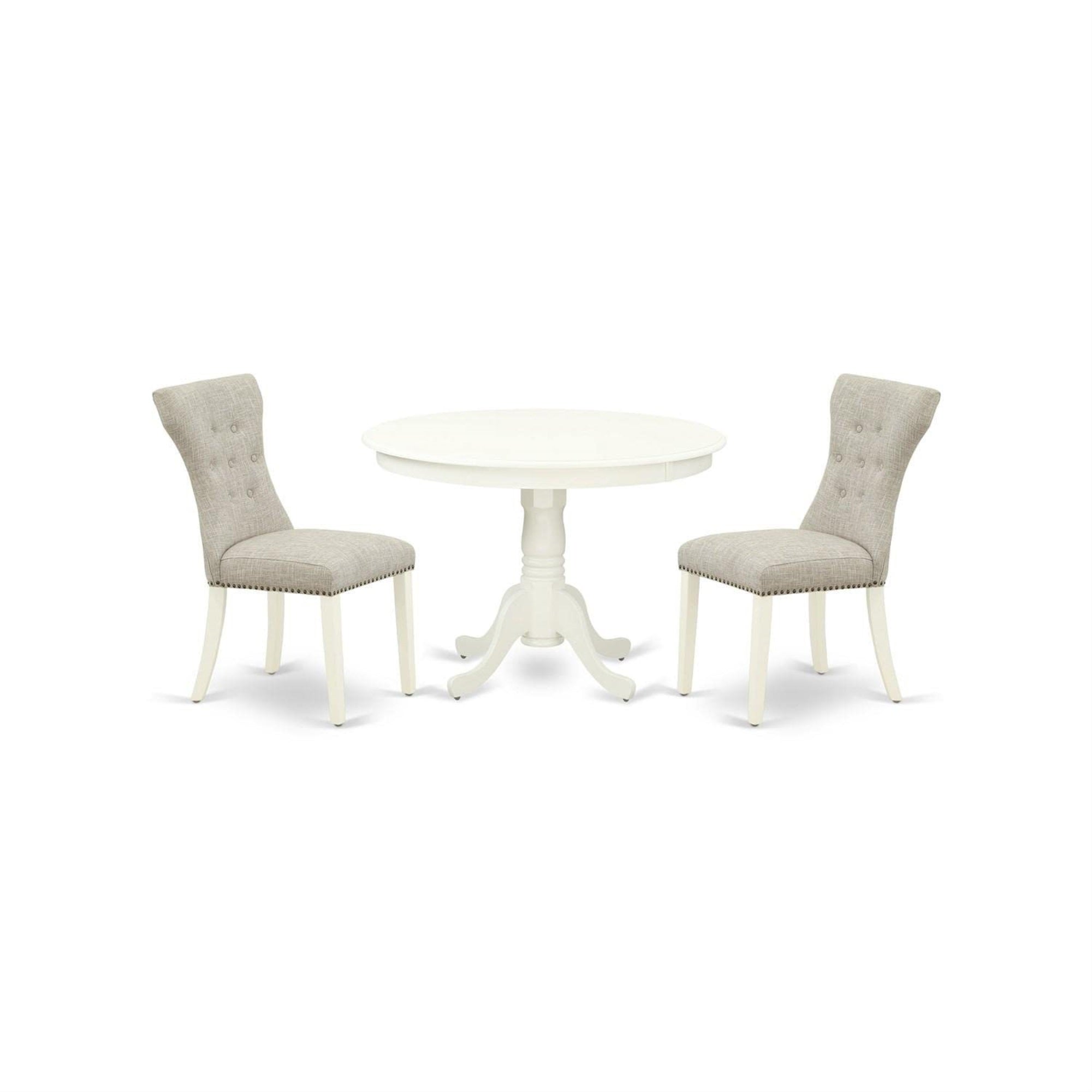 Casafoyer Hlga3-Lwh-35 3 Piece Dining Room Table Set Contains A Round Kitchen Table With Pedestal And 2 Doeskin Linen Fabric Parsons Dining Chairs, 42X42 Inch, Linen White