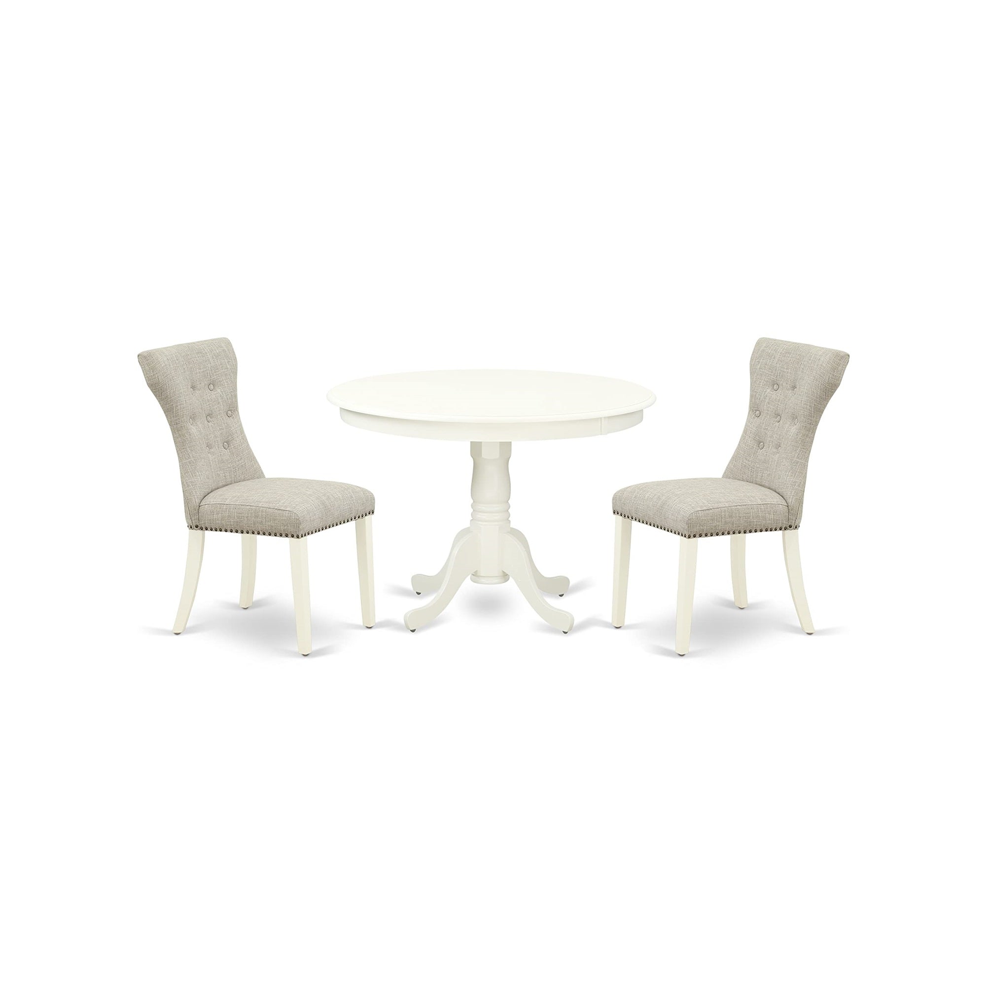 East West Furniture Hlga3-Lwh-35 3 Piece Dining Room Table Set Contains A Round Kitchen Table With Pedestal And 2 Doeskin Linen Fabric Parsons Dining Chairs, 42X42 Inch, Linen White