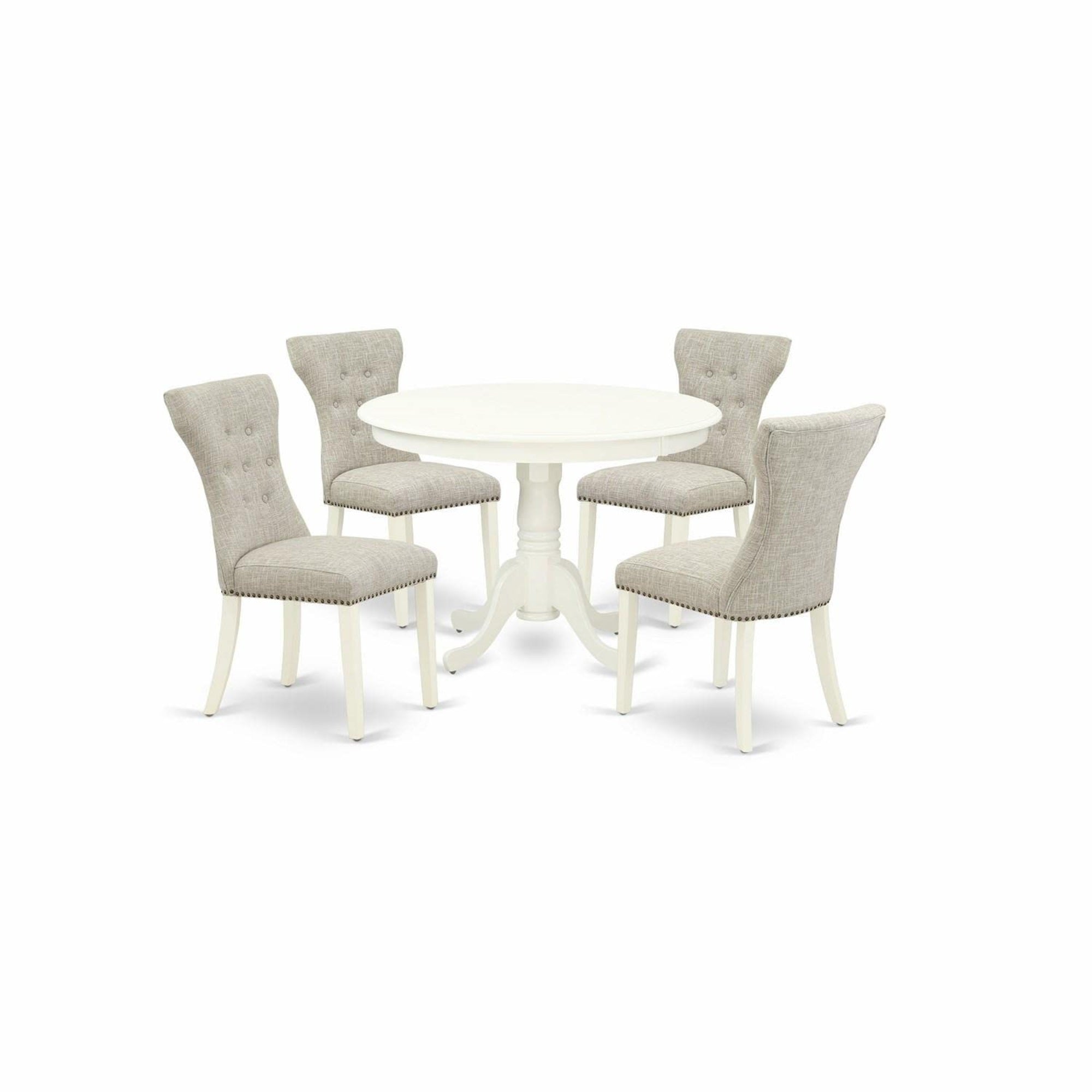 Casafoyer Hlga5-Lwh-35 5 Piece Dining Table Set Includes A Round Dining Room Table With Pedestal And 4 Doeskin Linen Fabric Parsons Chairs, 42X42 Inch, Linen White