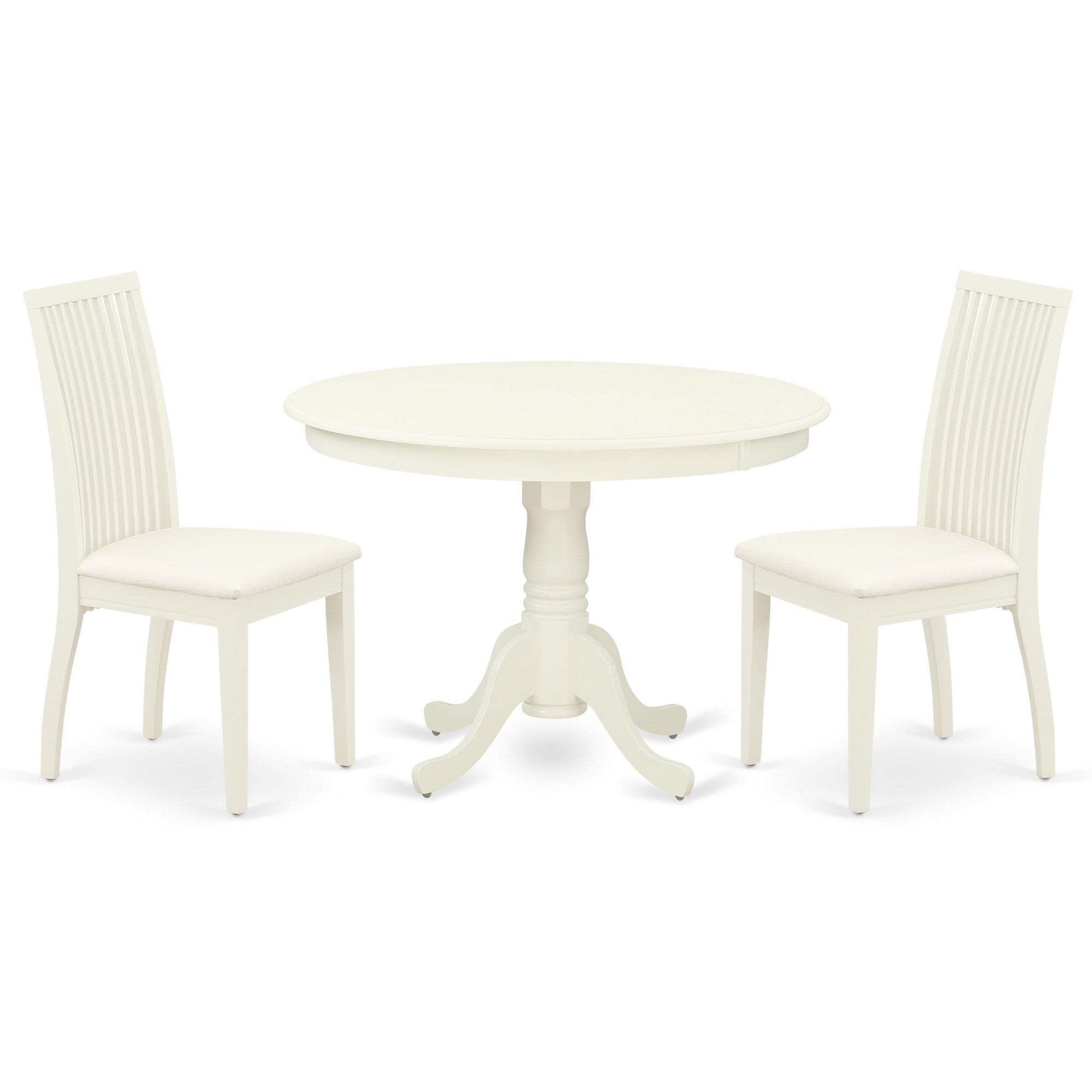 Casafoyer Hlip3-Lwh-C 3 Piece Modern Dining Table Set Contains A Round Wooden Table With Pedestal And 2 Linen Fabric Upholstered Dining Chairs, 42X42 Inch, Linen White