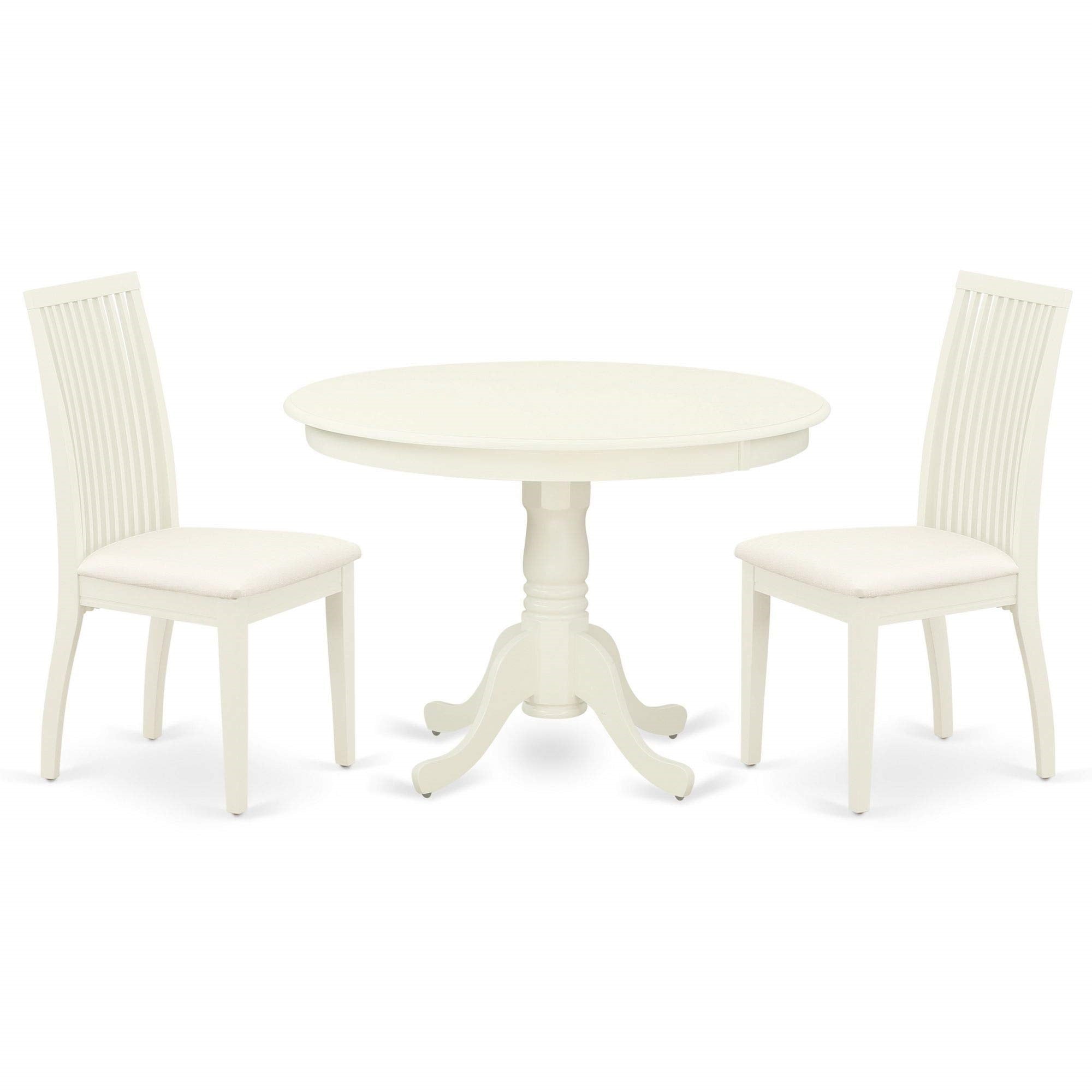 East West Furniture Hlip3-Lwh-C 3 Piece Modern Dining Table Set Contains A Round Wooden Table With Pedestal And 2 Linen Fabric Upholstered Dining Chairs, 42X42 Inch, Linen White