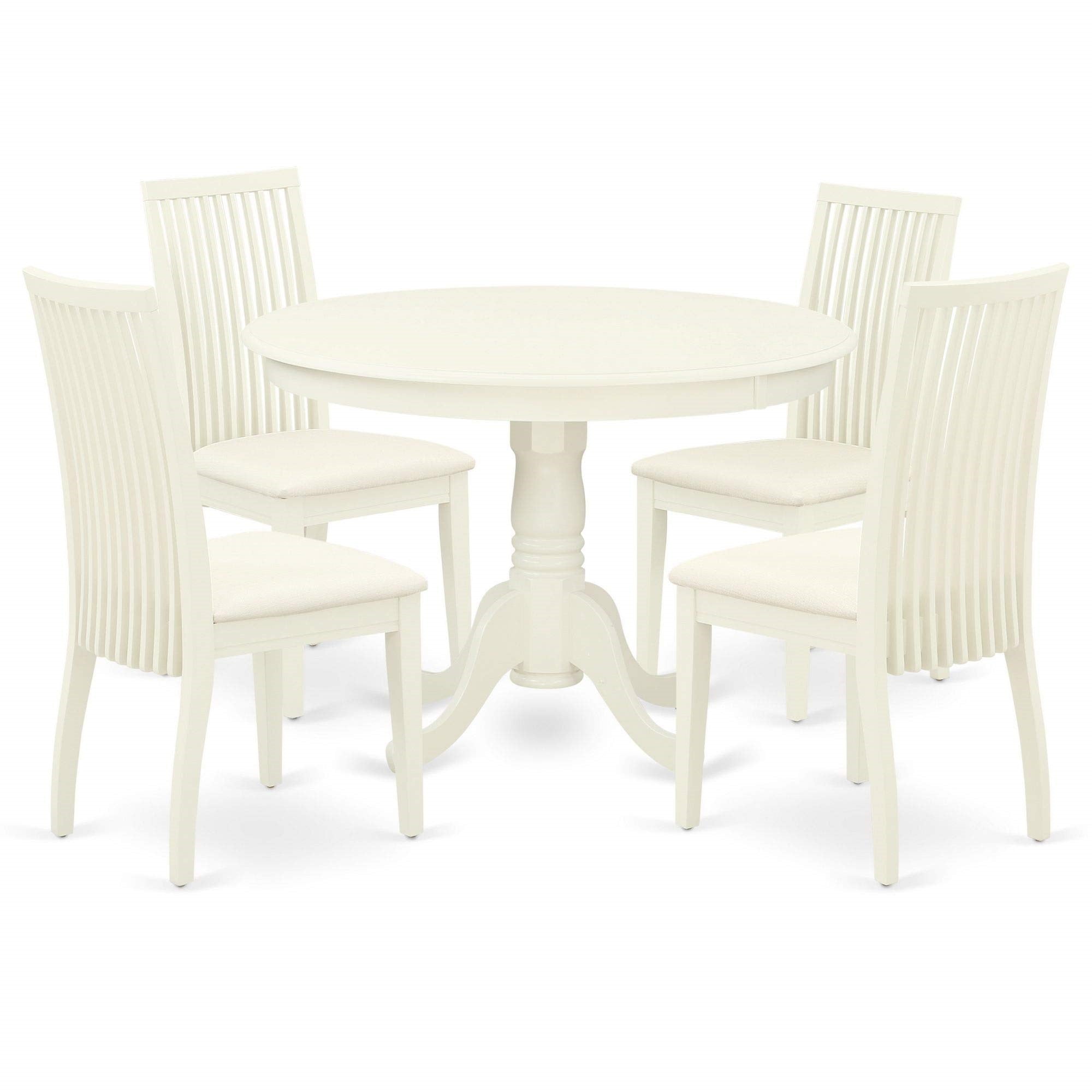 Ergode Hlip5-Lwh-C, 5-Piece Dining Set, Round Table & 4 Linen Fabric Chairs, Asian Hardwood, Modern & Elegant, Linen White, 42X42 Inch