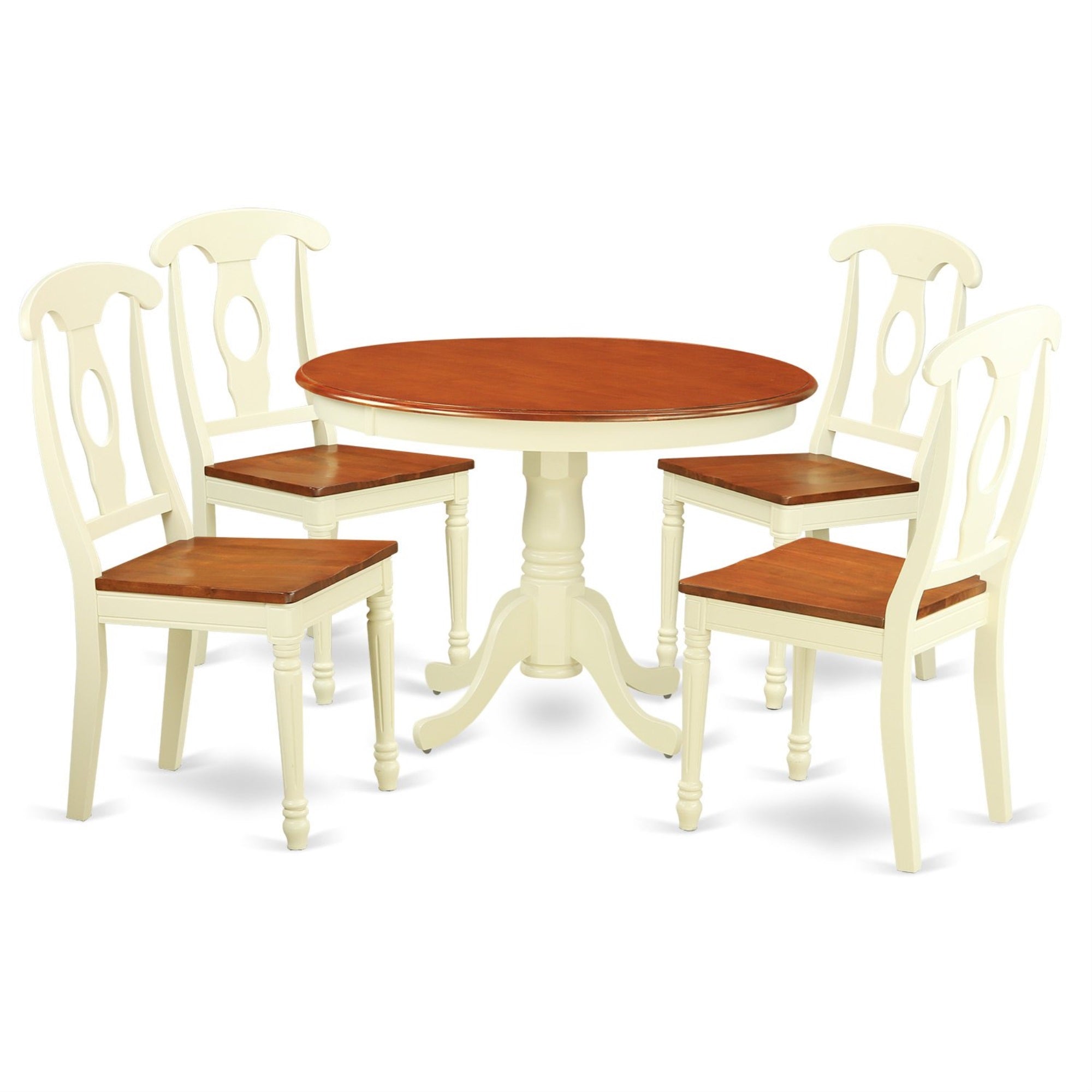 Ergode Hlke5-Bmk-W, 5 Piece Kitchen Table Set, Round Dining Table With Pedestal, 4 Dining Room Chairs, 42X42 Inch, Buttermilk & Cherry