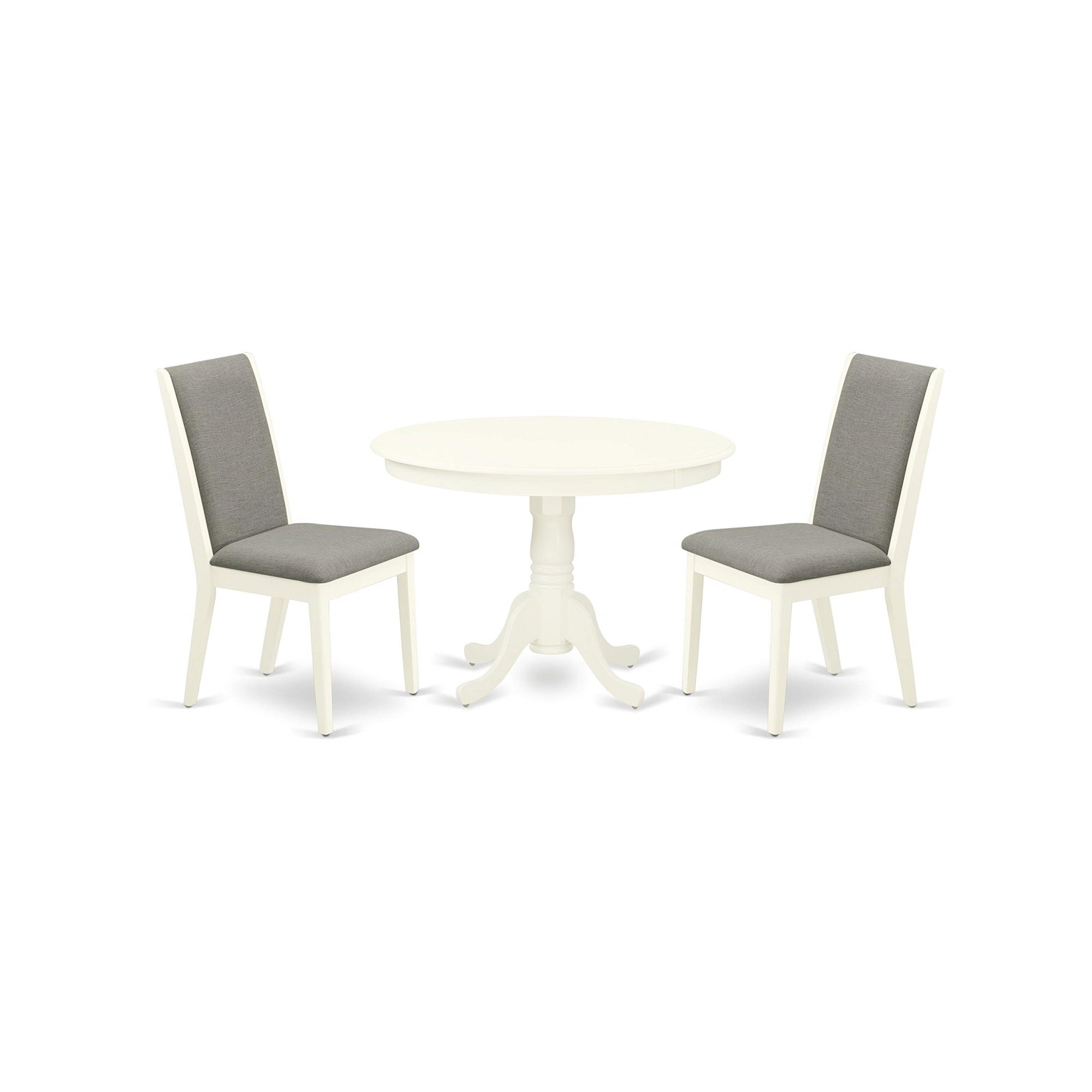 East West Furniture Hlla3-Lwh-06 3 Piece Dinette Set For Small Spaces Contains A Round Dining Table With Pedestal And 2 Shitake Linen Fabric Parson Dining Chairs, 42X42 Inch, Linen White