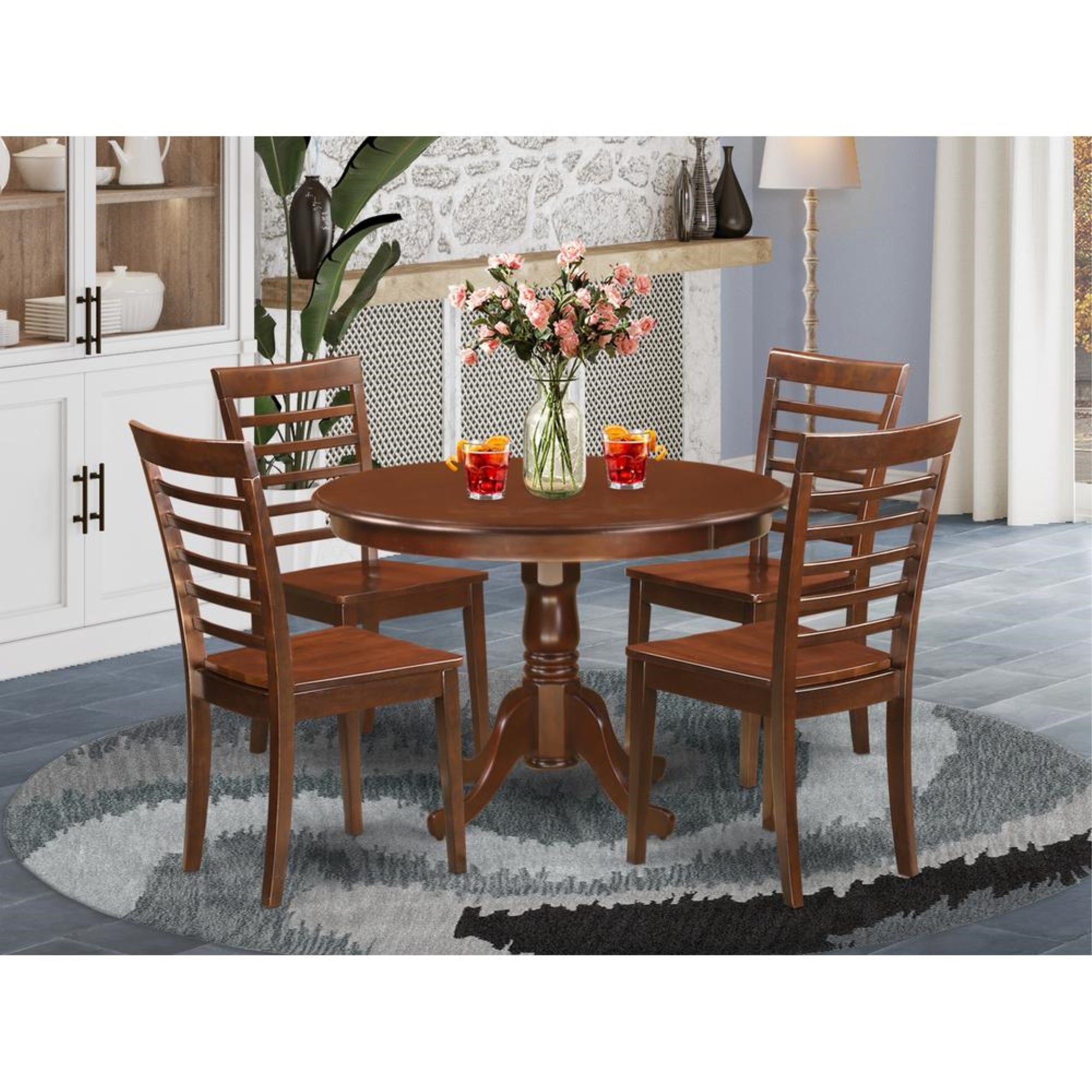 5  Pc  set  with  a  Round  Dinette  Table  and  4  Leather  Kitchen  Chairs  in  Mahogany