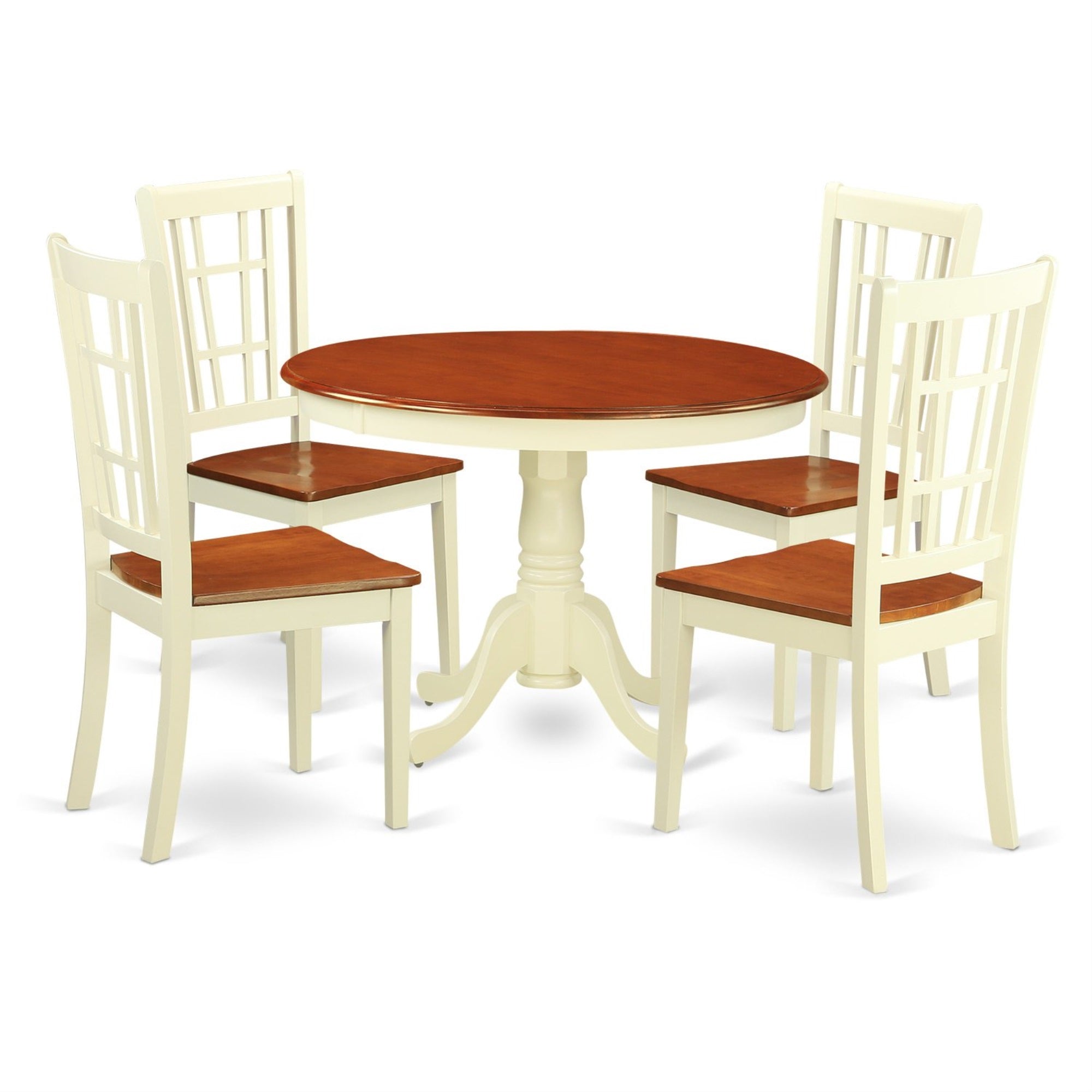 Ergode Hlni5-Bmk-W, 5 Piece Dining Table Set, Round Table With Pedestal, 4 Wood Seat Chairs, Buttermilk & Cherry, 42X42 Inch