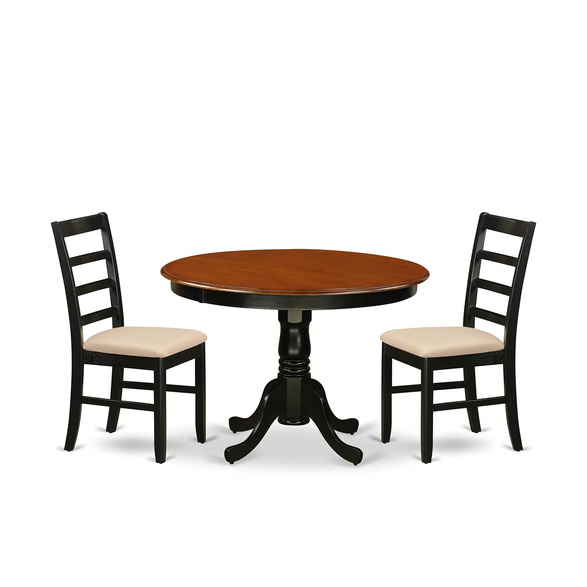 East West Furniture Hlpf3-Bch-C 3 Piece Modern Dining Table Set Contains A Round Wooden Table With Pedestal And 2 Linen Fabric Kitchen Dining Chairs, 42X42 Inch, Black & Cherry