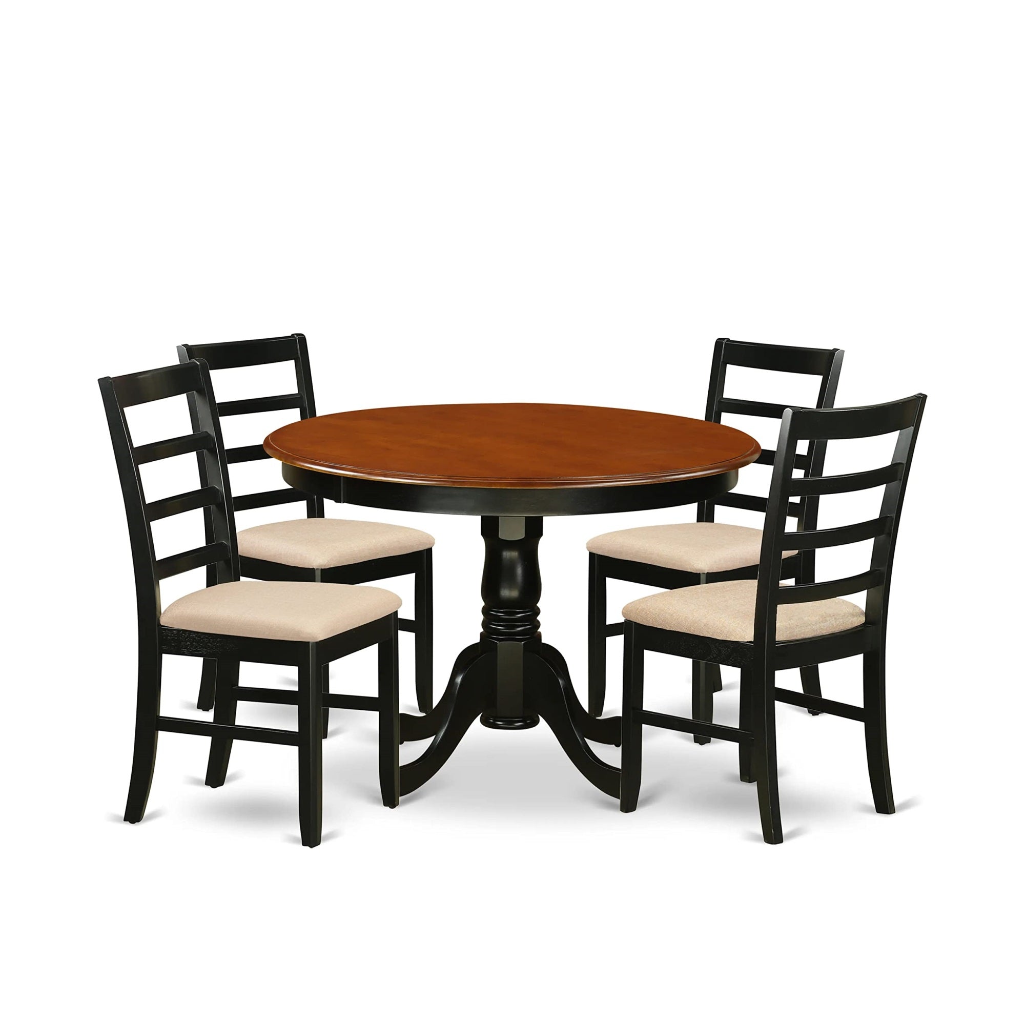Ergode Hlpf5-Bch-C, 5-Piece Dining Table Set, Round Table With Pedestal, 4 Linen Fabric Chairs, Black & Cherry, Ladder Back Design, Easy Assembly, High-End Finish, Suitable For Home Parties, Asian Wood Frame, 42X42 Inch