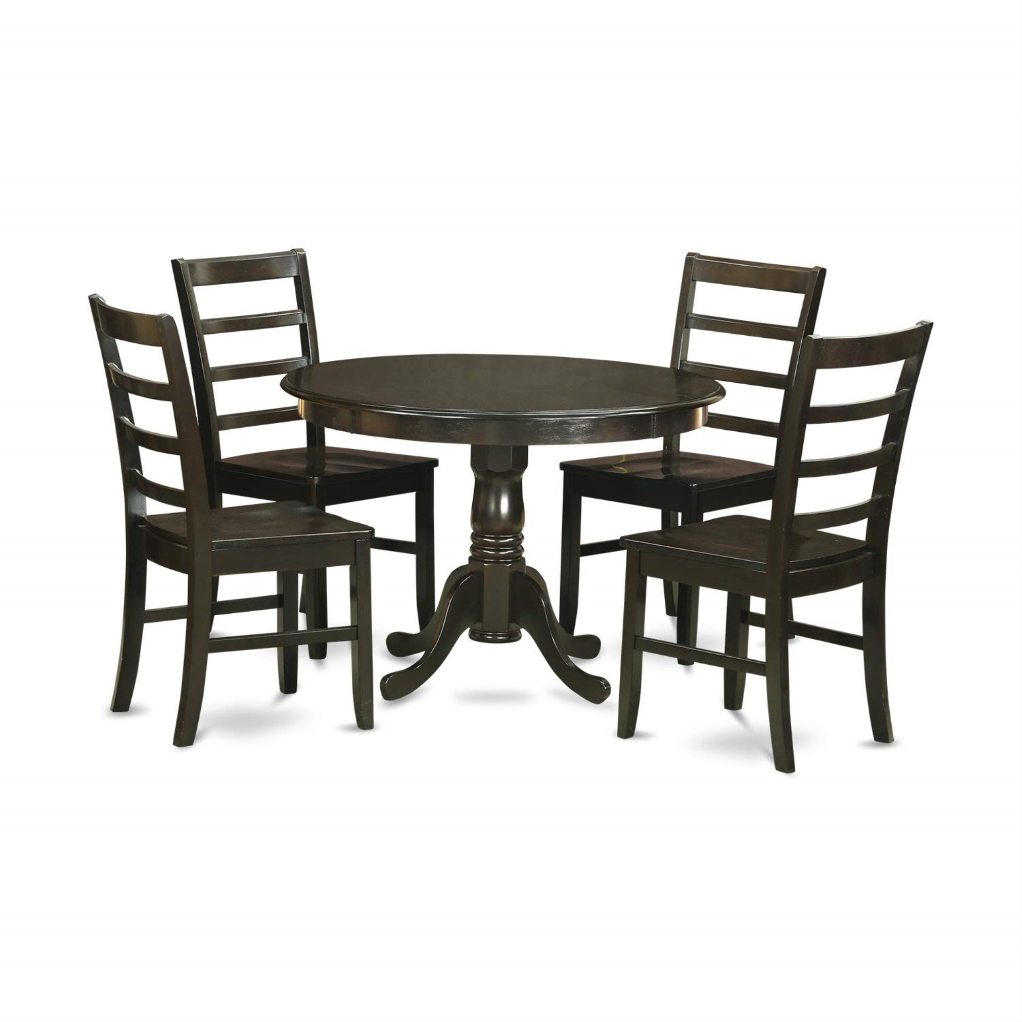 Ergode Hlpf5-Cap-W Kitchen Table Set, 5-Piece Mid-Century Dining Set, Wooden Seat & Ladder Back Chairs, Round Top & Pedestal Leg Table, Asian Wood Frame, Cappuccino Finish, Easy Assembly, Includes 4 Chairs & Table