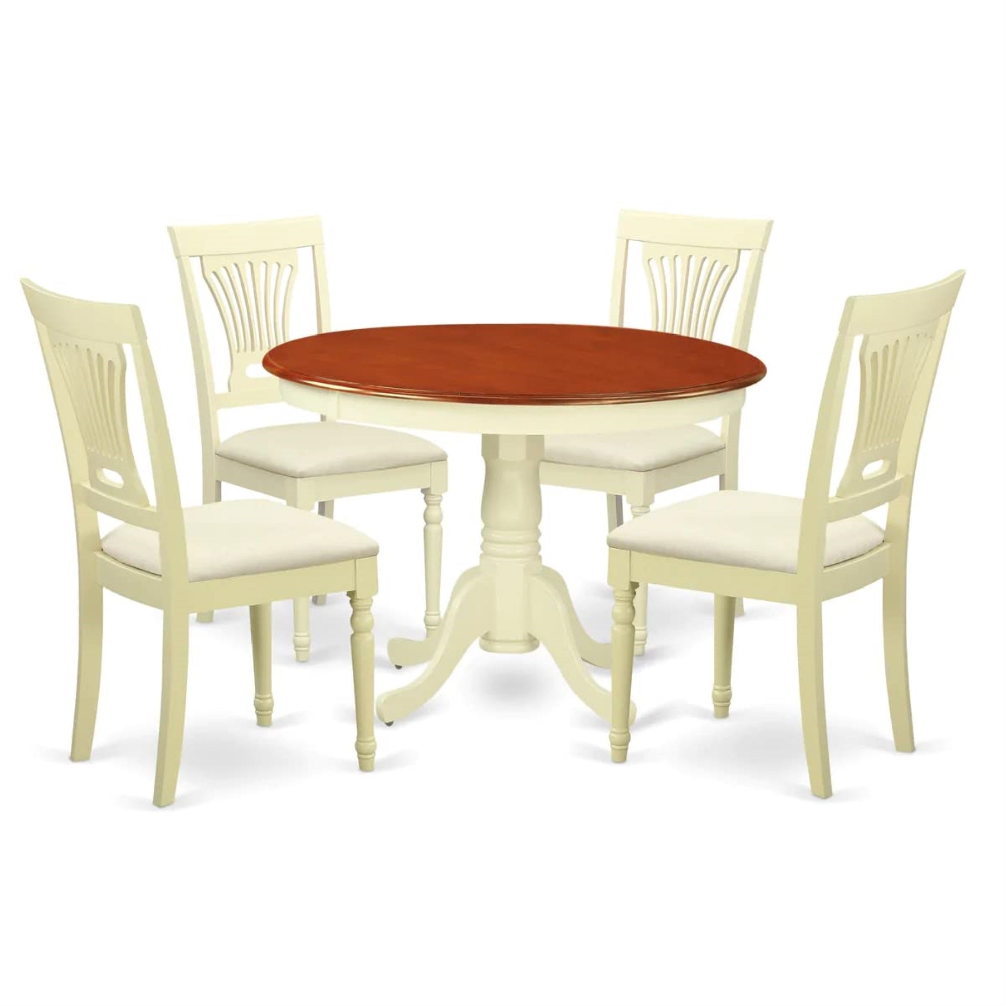 Ergode Hlpl5-Bmk-C, 5-Piece Dining Table Set, Round Wooden Table With 4 Wooden Legs, Linen Fabric Chairs, Buttermilk Color, High-Quality Asian Hardwood, Durable & Elegant, Perfect For Family Dinners, Versatile Design