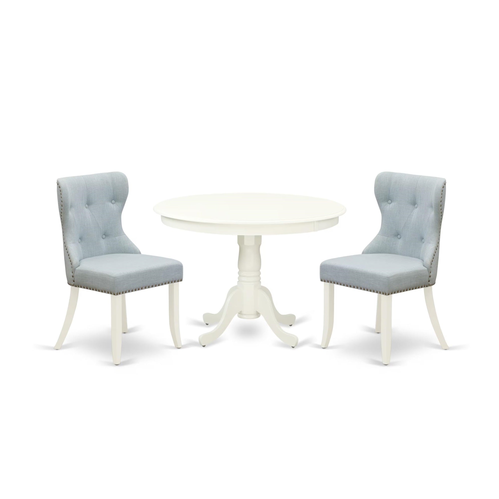 Casafoyer Hartland 3 Piece Dinette Set For Small Spaces Contains A Round Dining Table With Pedestal And 2 Baby Blue Linen Fabric Upholstered Chairs, 42X42 Inch, Hlsi3-Lwh-15