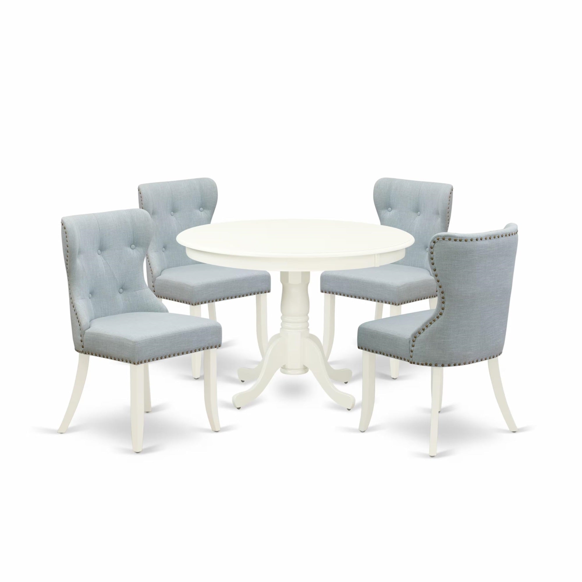 Casafoyer Hlsi5-Lwh-15 5 Piece Dinette Set Includes A Round Dining Room Table With Pedestal And 4 Baby Blue Linen Fabric Upholstered Parson Chairs, 42X42 Inch, Linen White